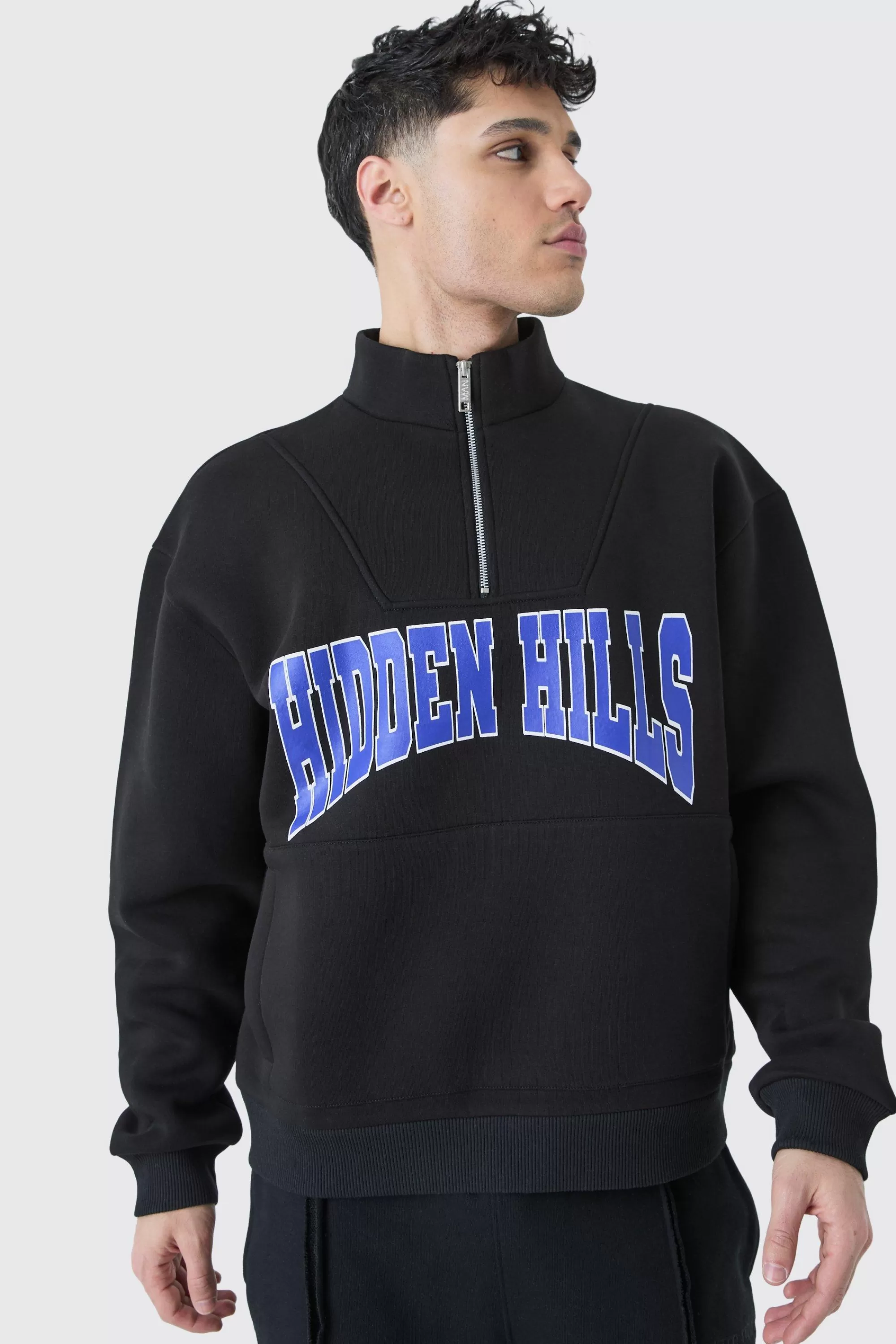 boohooMAN Oversized Boxy 1/4 Zip Varsity Sweatshirt | UK