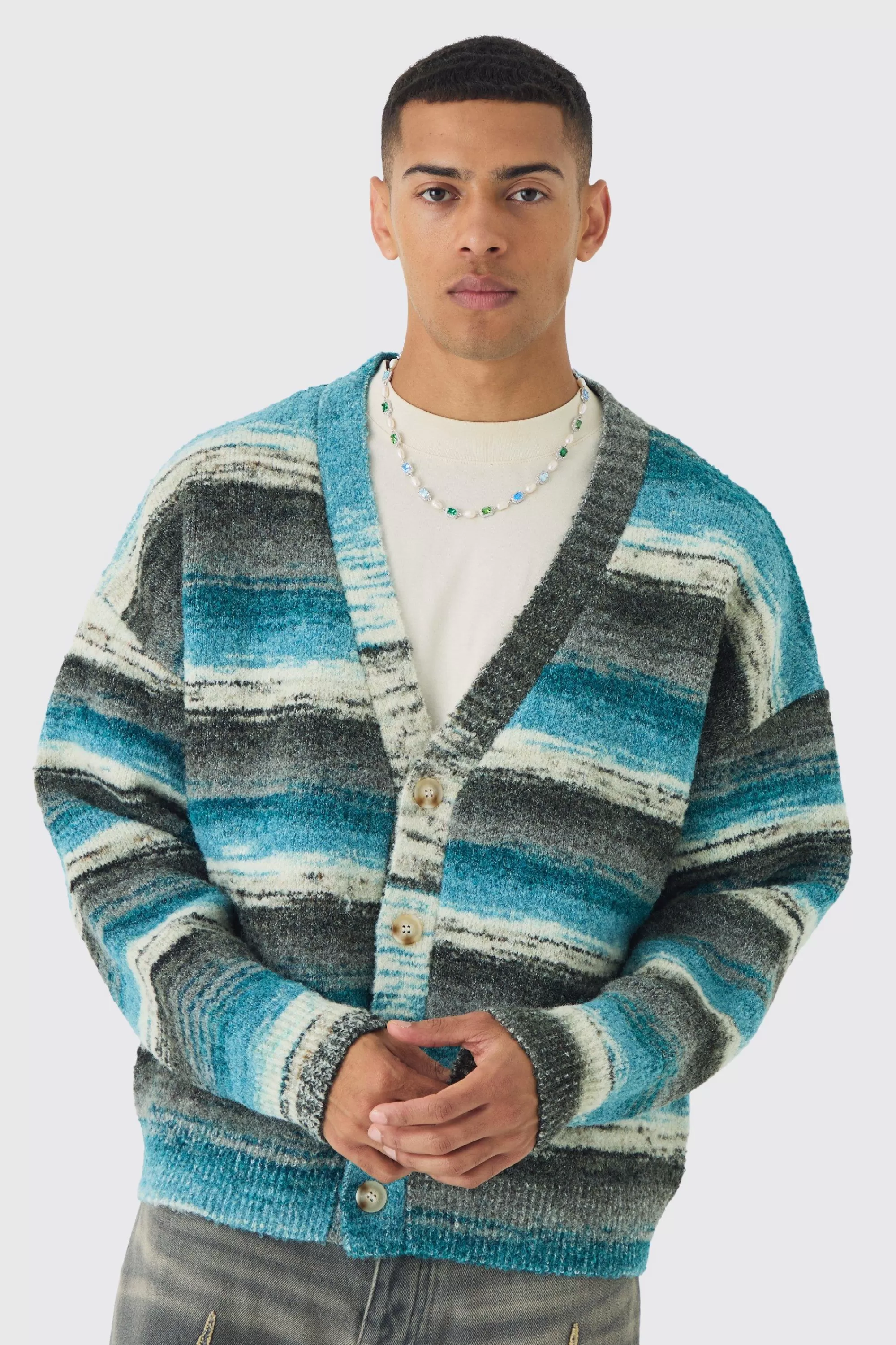 boohooMAN Oversized Boxy Abstract Stripe Knitted Cardigan | UK