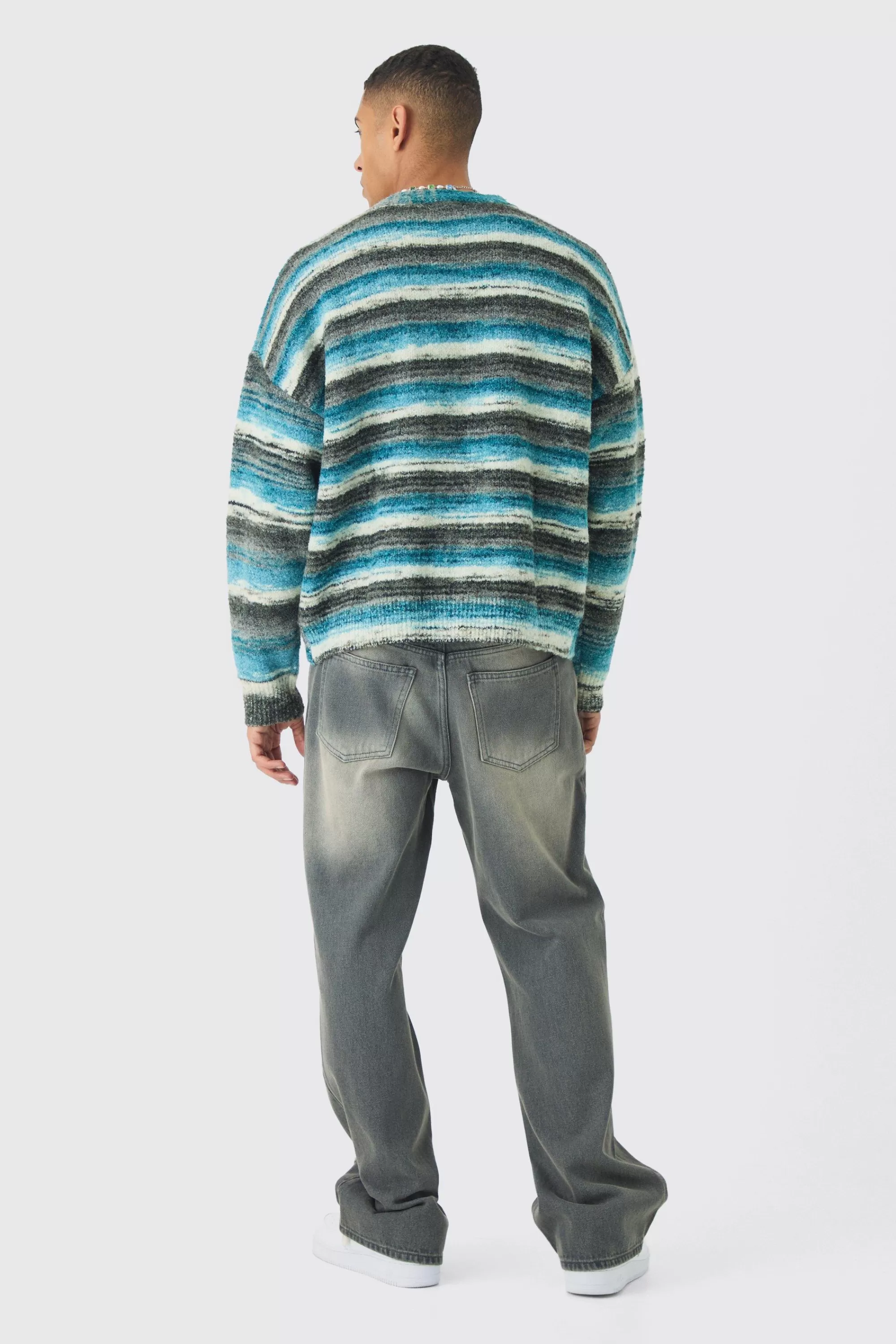 boohooMAN Oversized Boxy Abstract Stripe Knitted Cardigan | UK