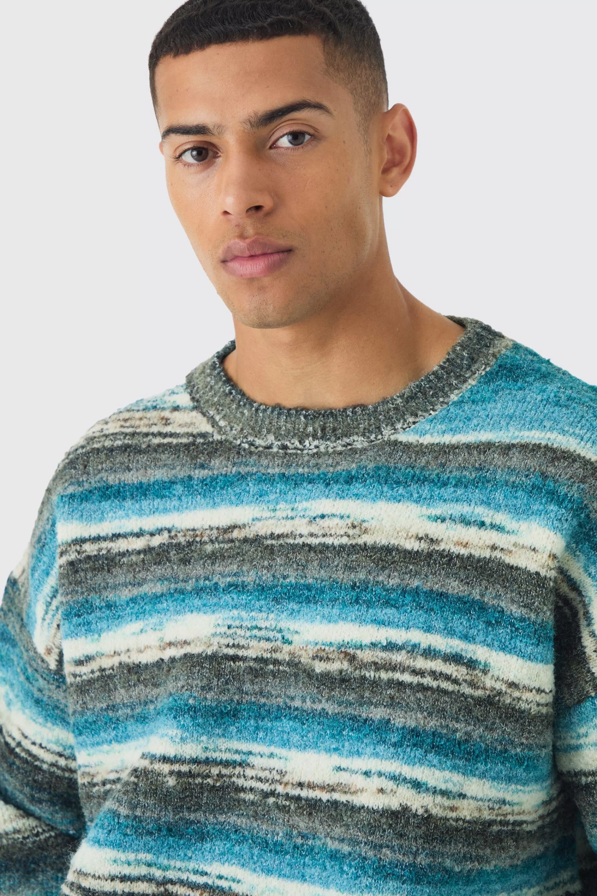 boohooMAN Oversized Boxy Abstract Stripe Knitted Jumper | UK