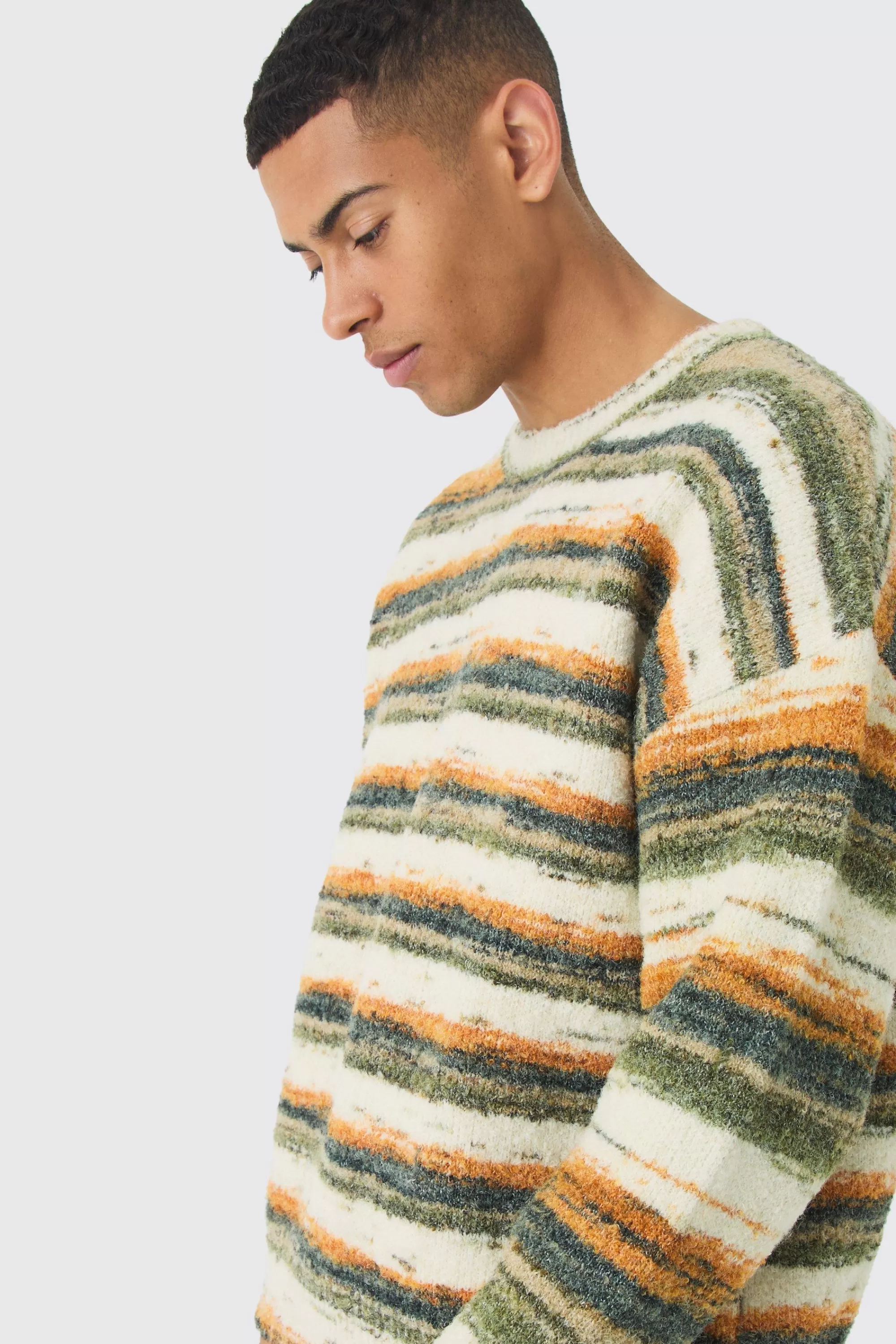 boohooMAN Oversized Boxy Abstract Stripe Knitted Jumper | UK