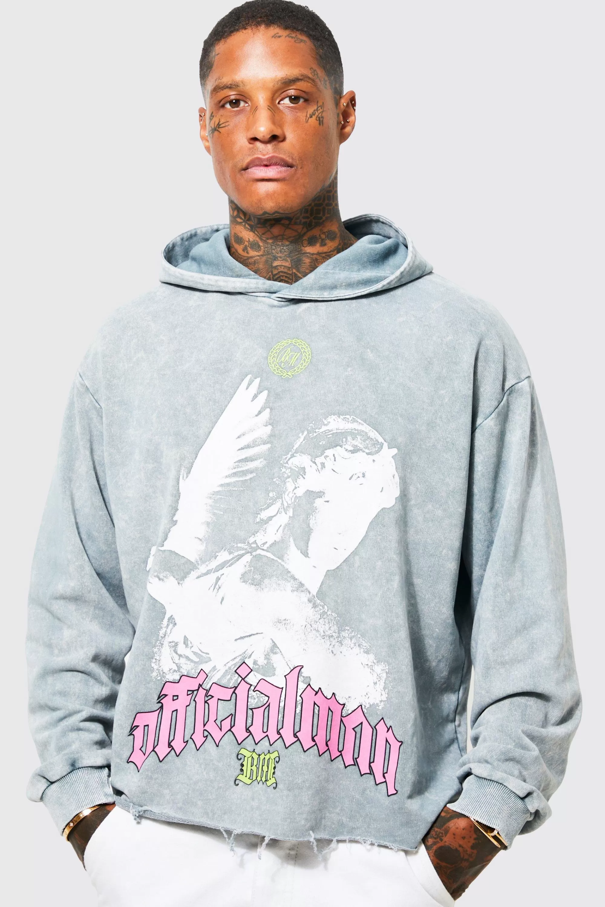 boohooMAN Oversized Boxy Acid Wash Dove Graphic Hoodie | UK