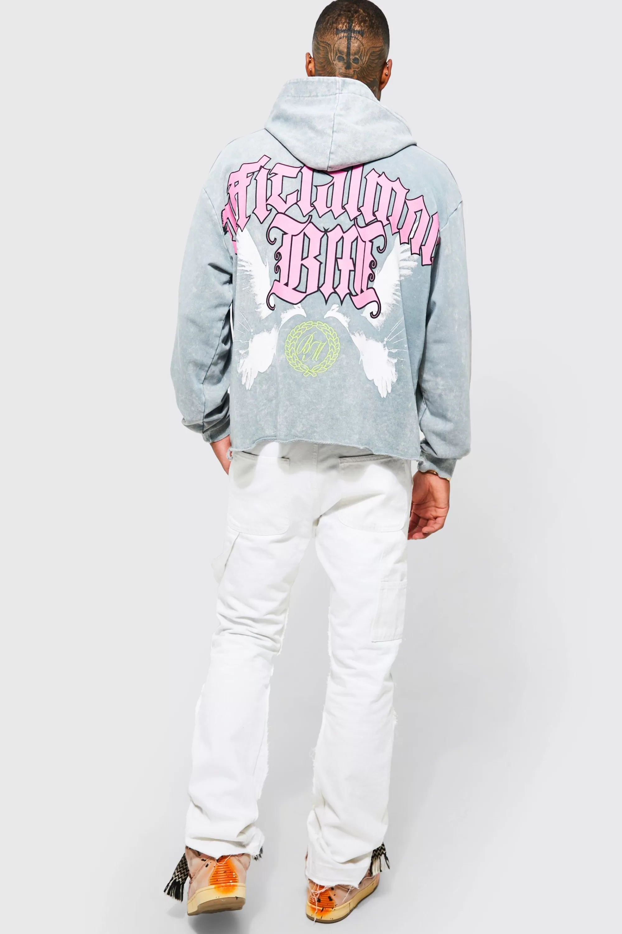 boohooMAN Oversized Boxy Acid Wash Dove Graphic Hoodie | UK