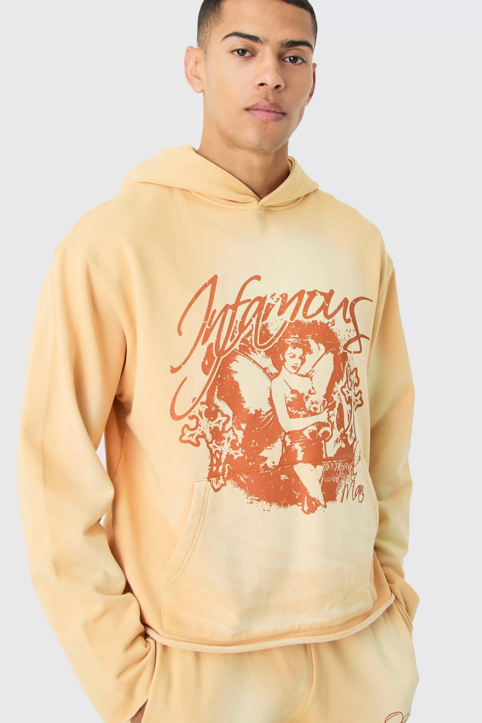 boohooMAN Oversized Boxy Acid Wash Graphic Raw Hem Hoodie | UK