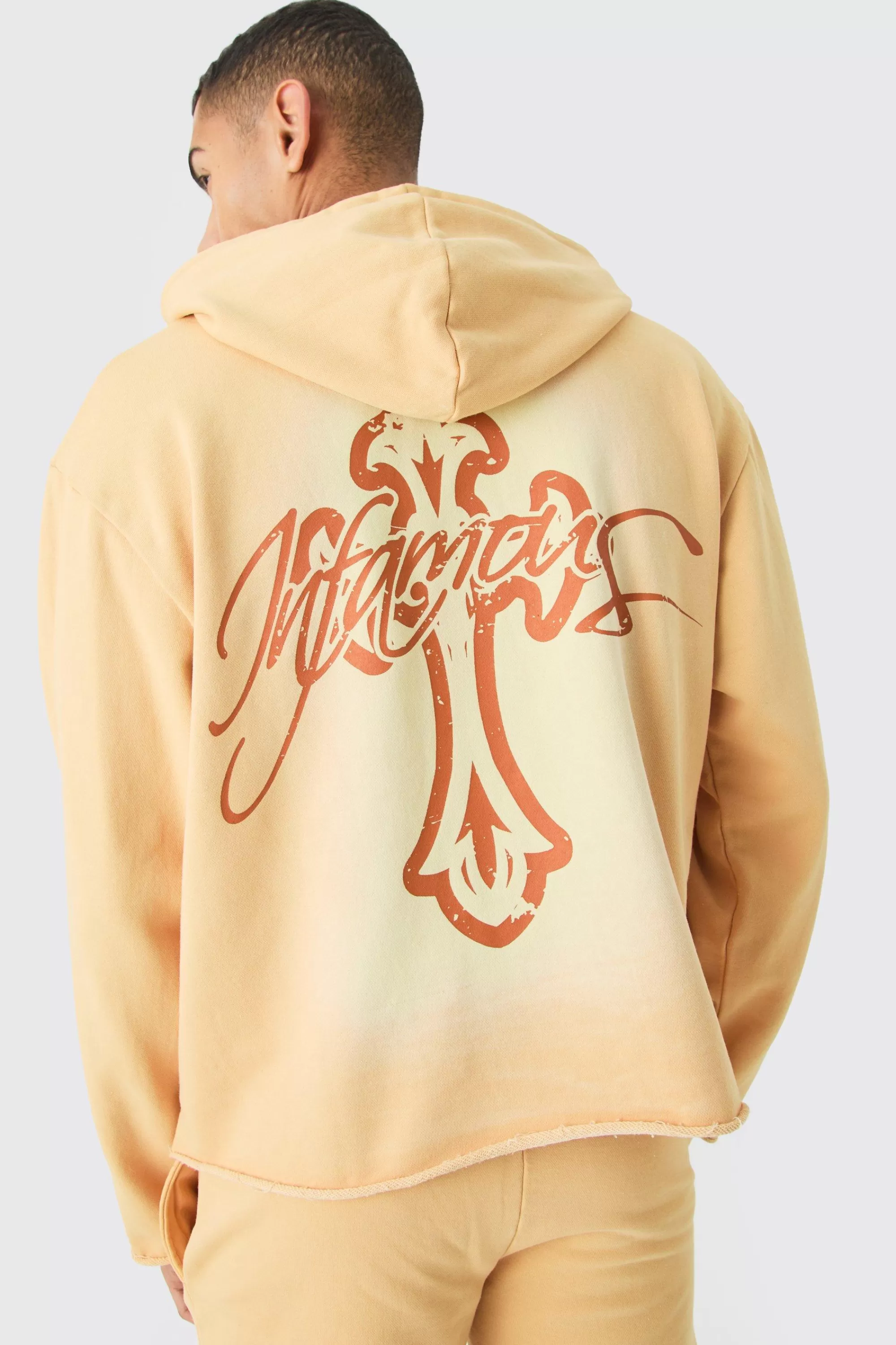 boohooMAN Oversized Boxy Acid Wash Graphic Raw Hem Hoodie | UK