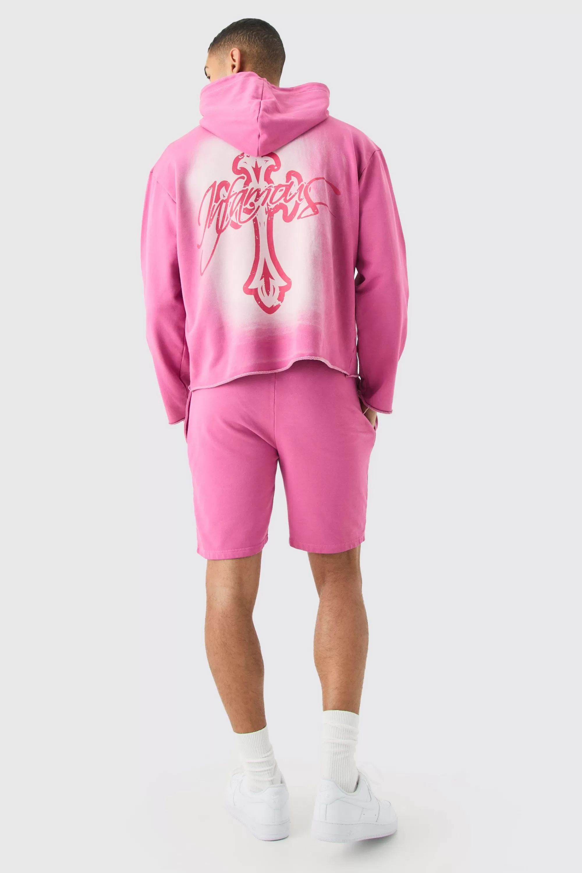 boohooMAN Oversized Boxy Acid Wash Graphic Raw Hem Short Tracksuit | UK