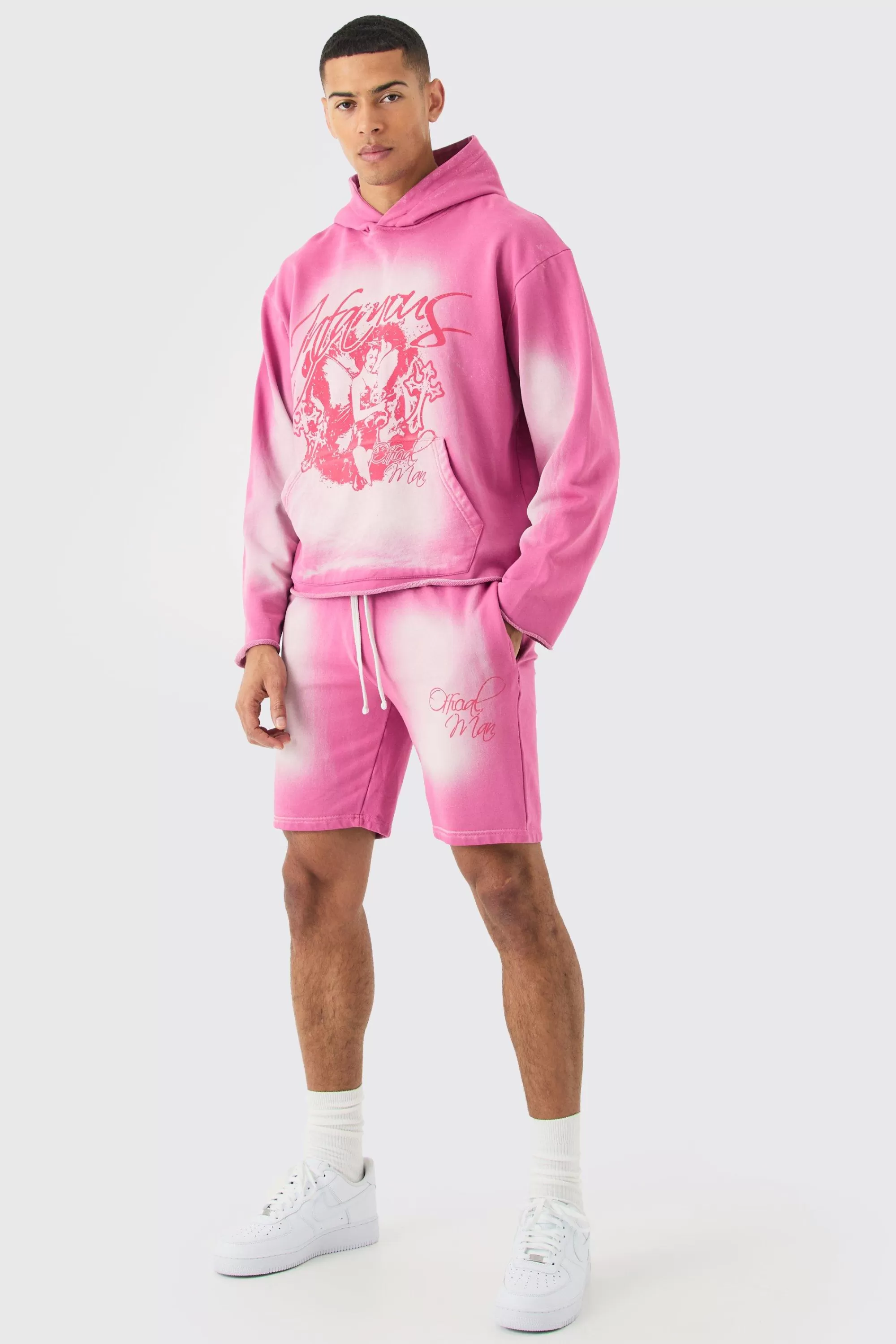 boohooMAN Oversized Boxy Acid Wash Graphic Raw Hem Short Tracksuit | UK