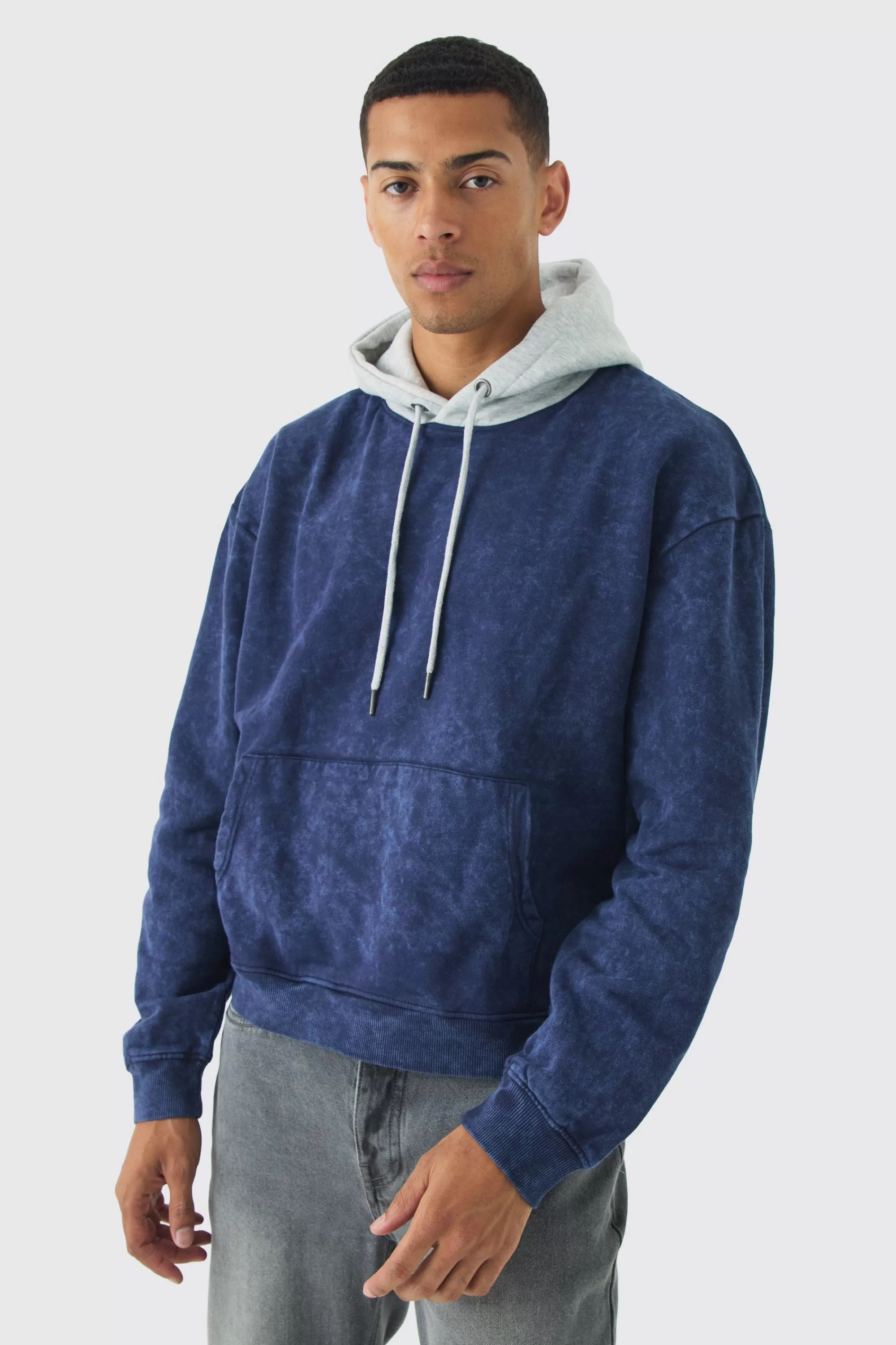 boohooMAN Oversized Boxy Acid Wash Hoodie With Contrast Hood | UK