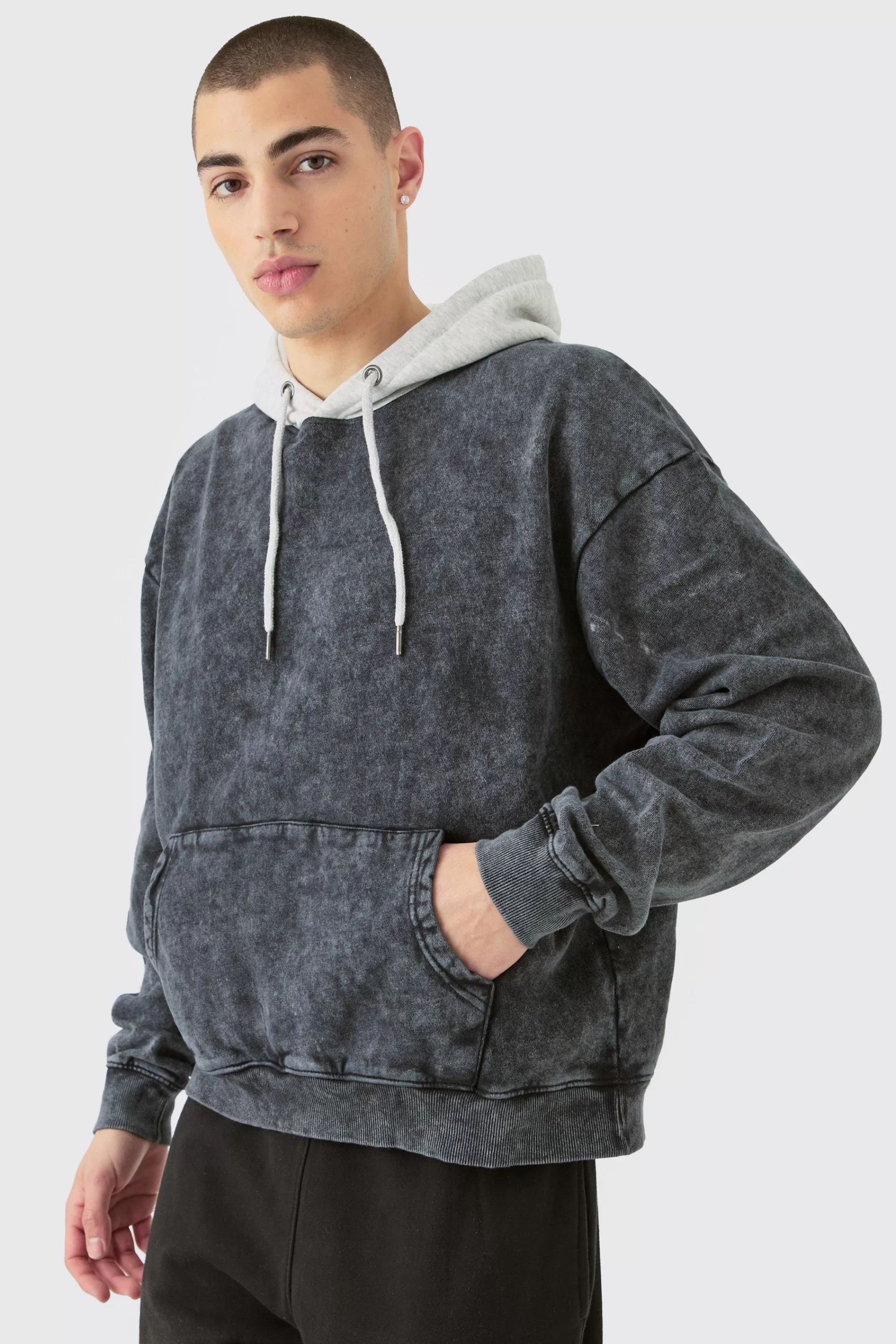 boohooMAN Oversized Boxy Acid Wash Hoodie With Contrast Hood | UK