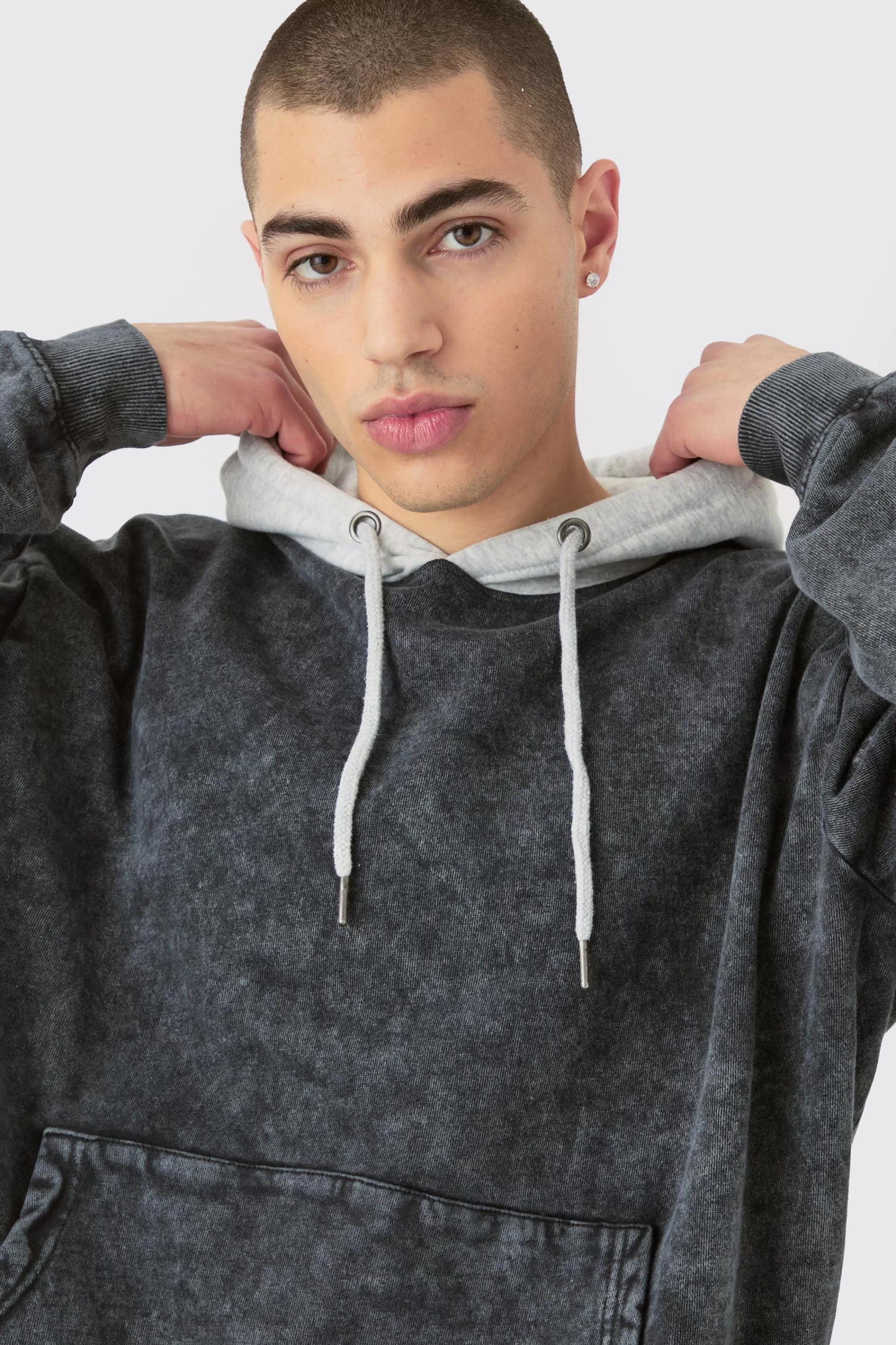boohooMAN Oversized Boxy Acid Wash Hoodie With Contrast Hood | UK