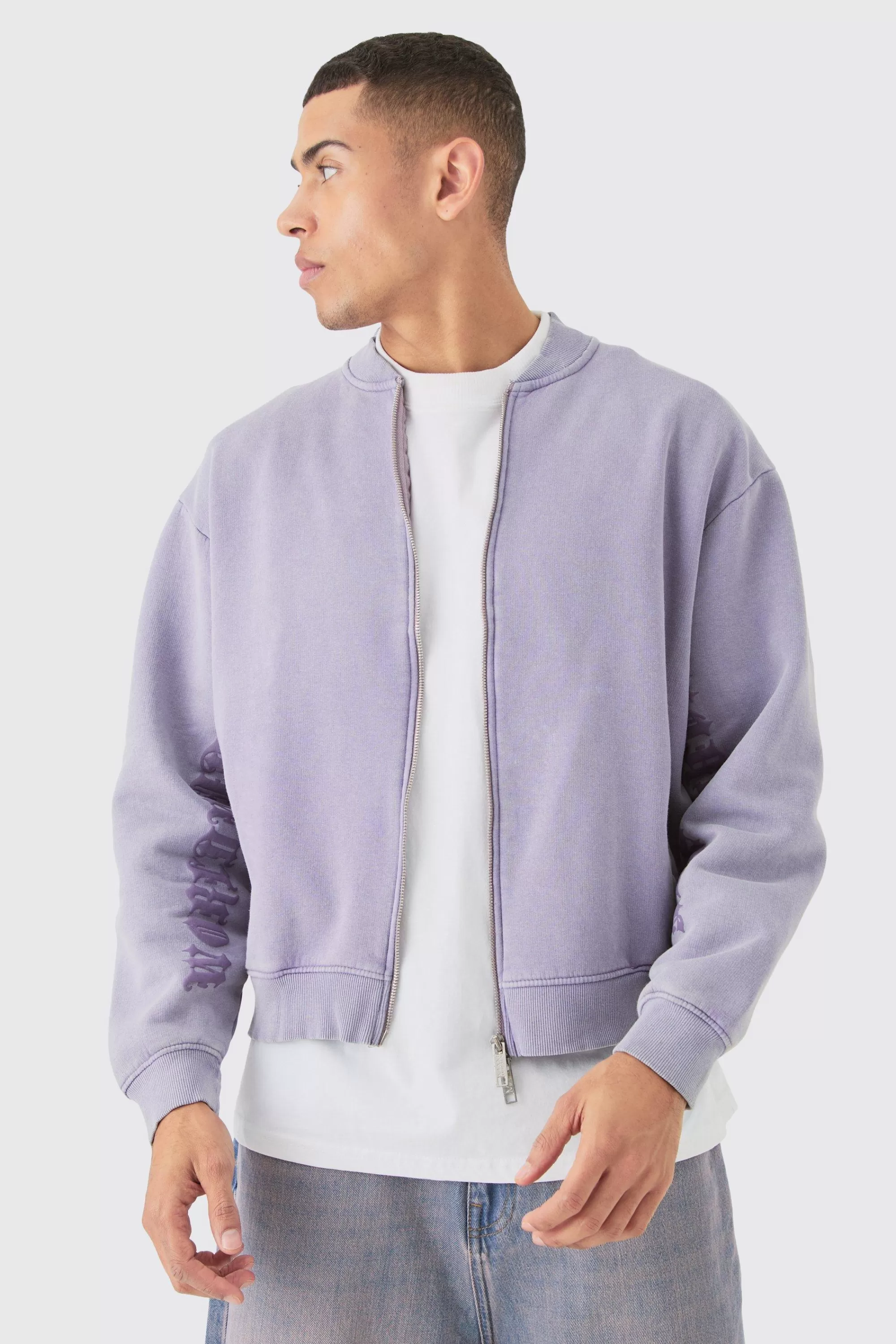 boohooMAN Oversized Boxy Acid Wash Jersey Bomber Jacket | UK