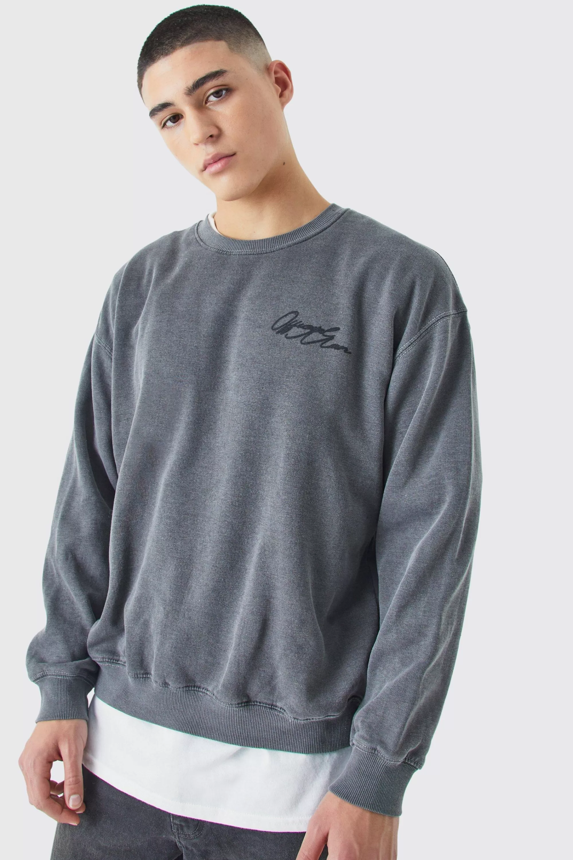 boohooMAN Oversized Boxy Acid Wash Man Graphic Sweatshirt | UK