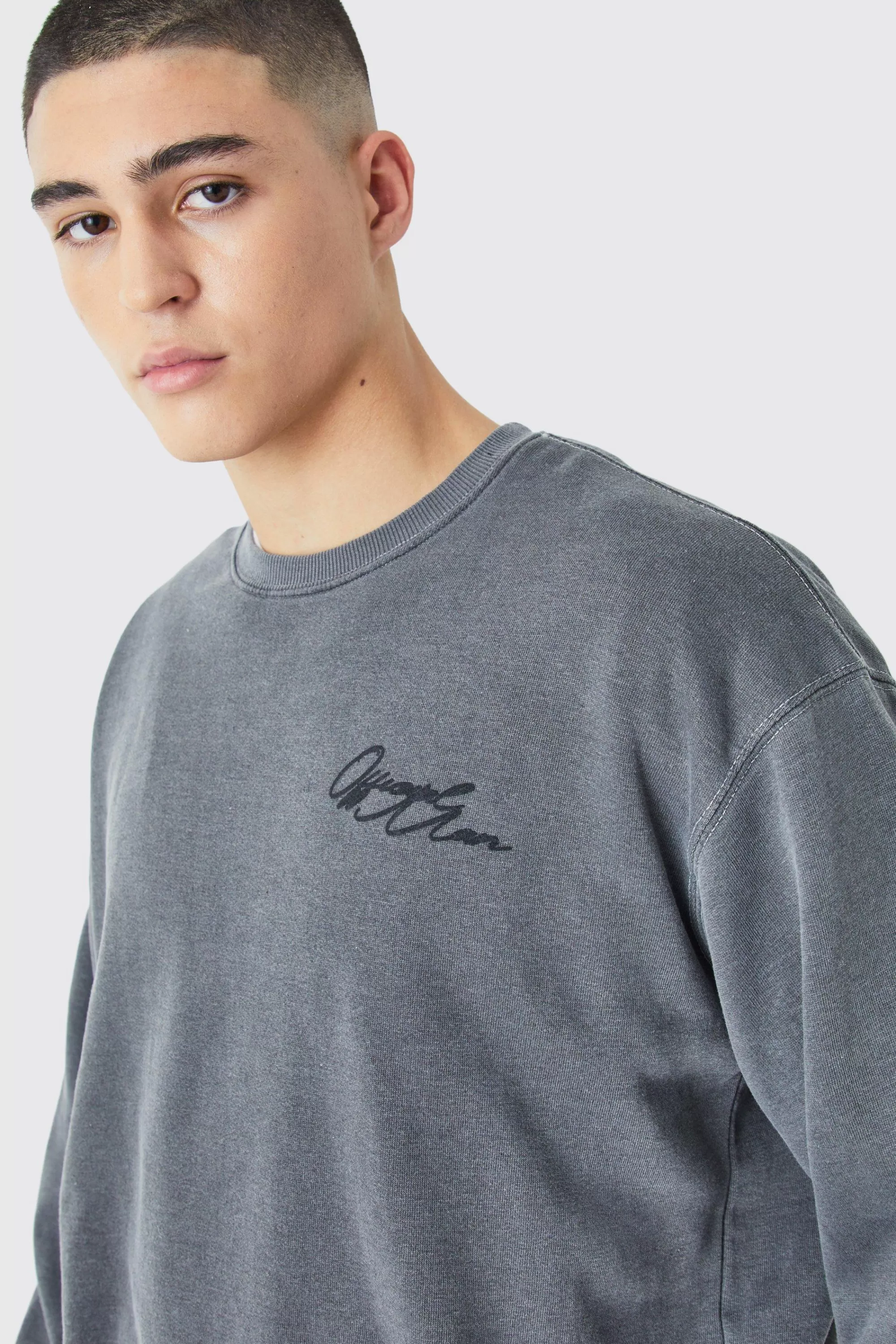 boohooMAN Oversized Boxy Acid Wash Man Graphic Sweatshirt | UK