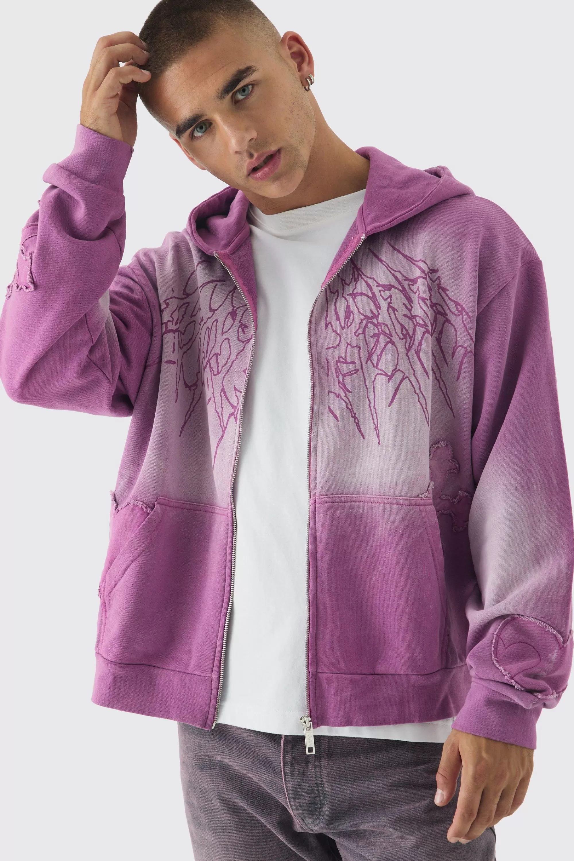 boohooMAN Oversized Boxy Acid Wash Studded Applique Hoodie | UK