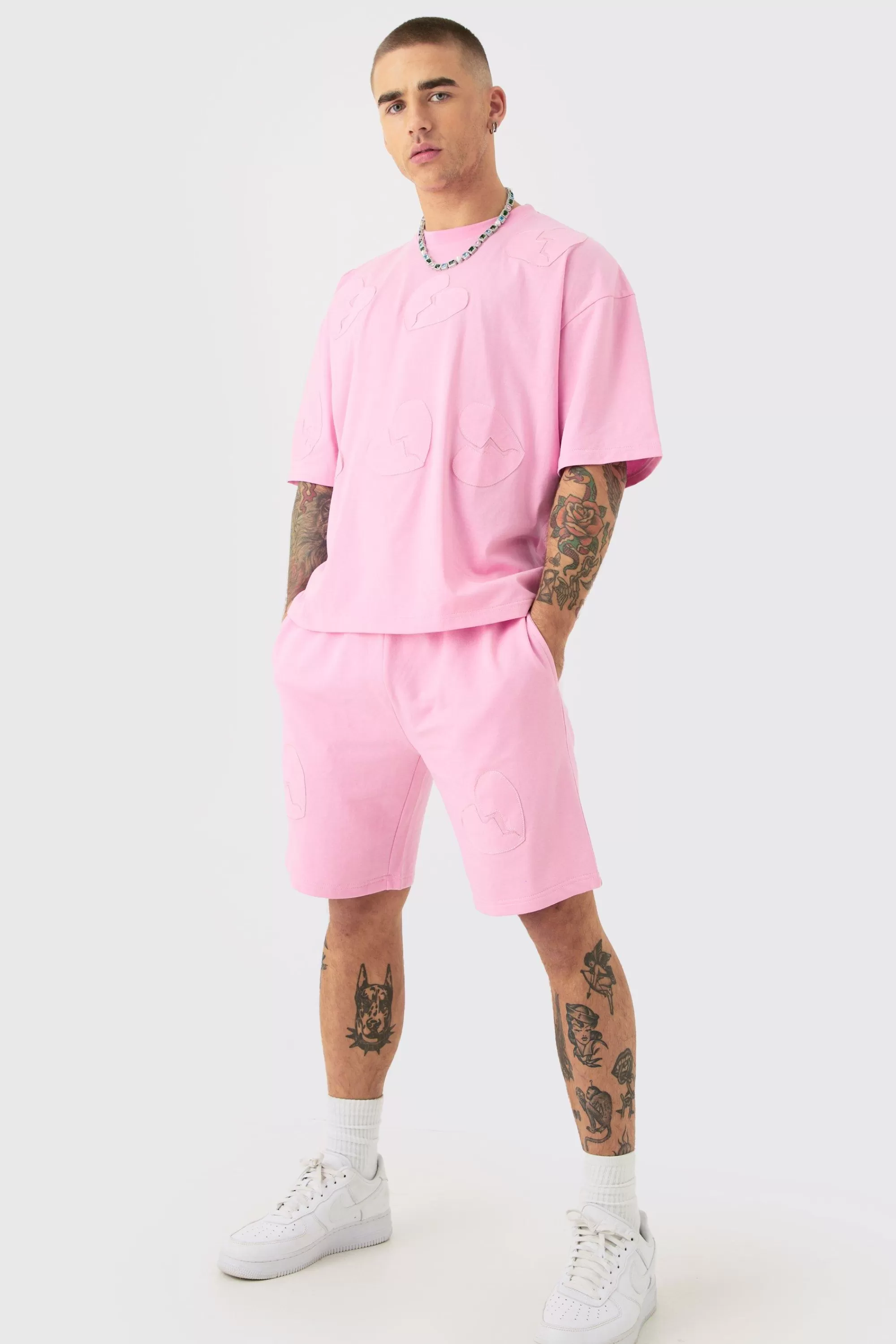 boohooMAN Oversized Boxy All Over Heart Applique T-shirt & Shorts Set | UK