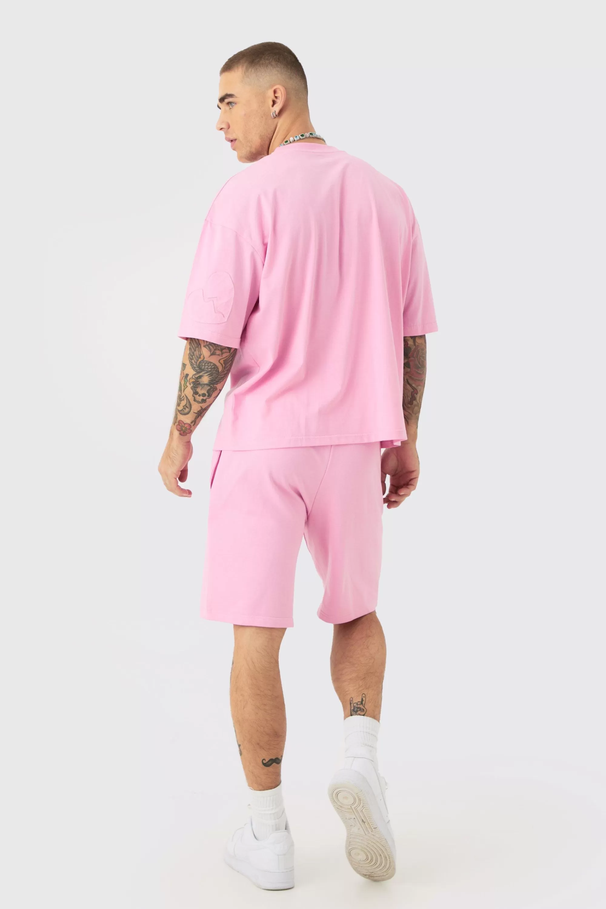 boohooMAN Oversized Boxy All Over Heart Applique T-shirt & Shorts Set | UK