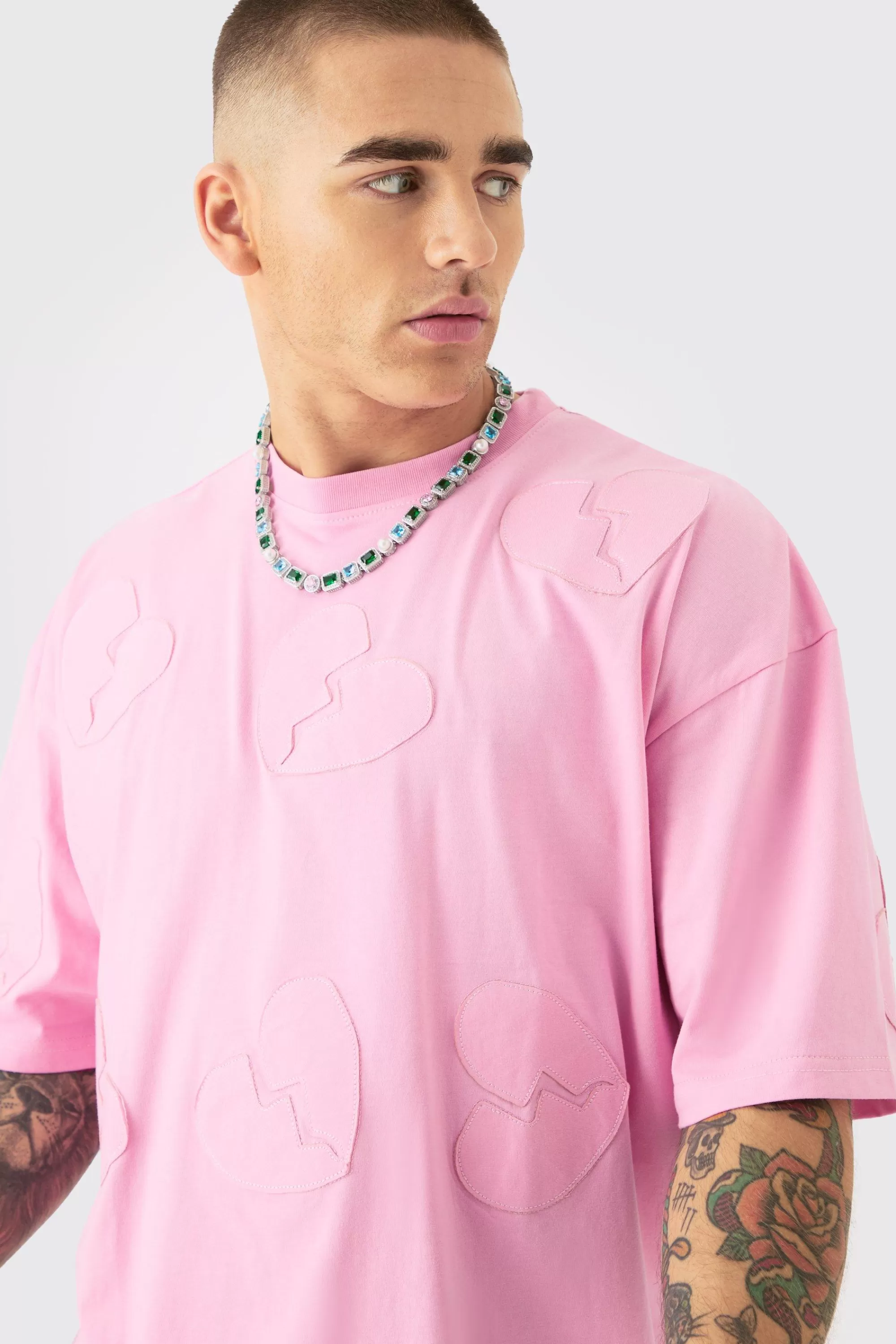 boohooMAN Oversized Boxy All Over Heart Applique T-shirt & Shorts Set | UK