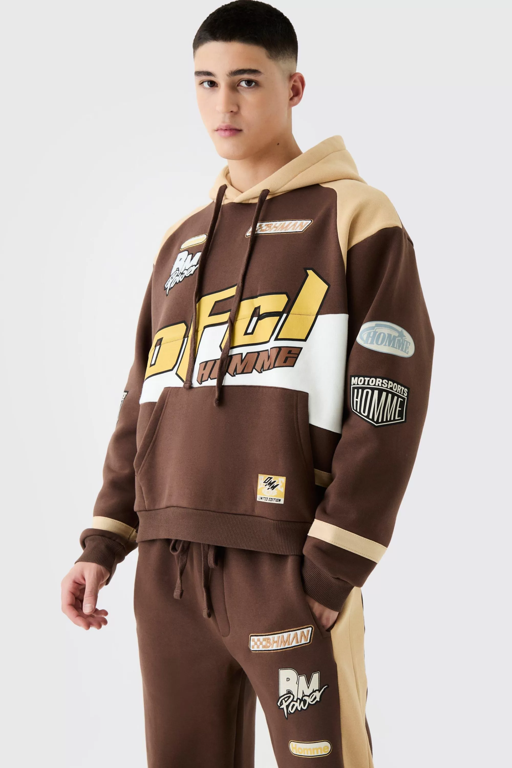 boohooMAN Oversized Boxy Applique Moto Hooded Tracksuit | UK