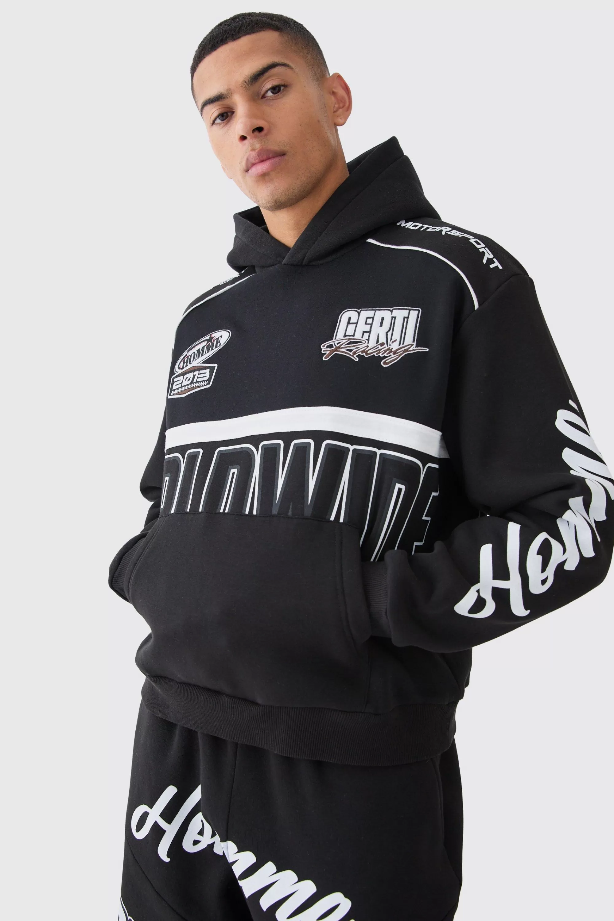 boohooMAN Oversized Boxy Applique Moto Hoodie | UK