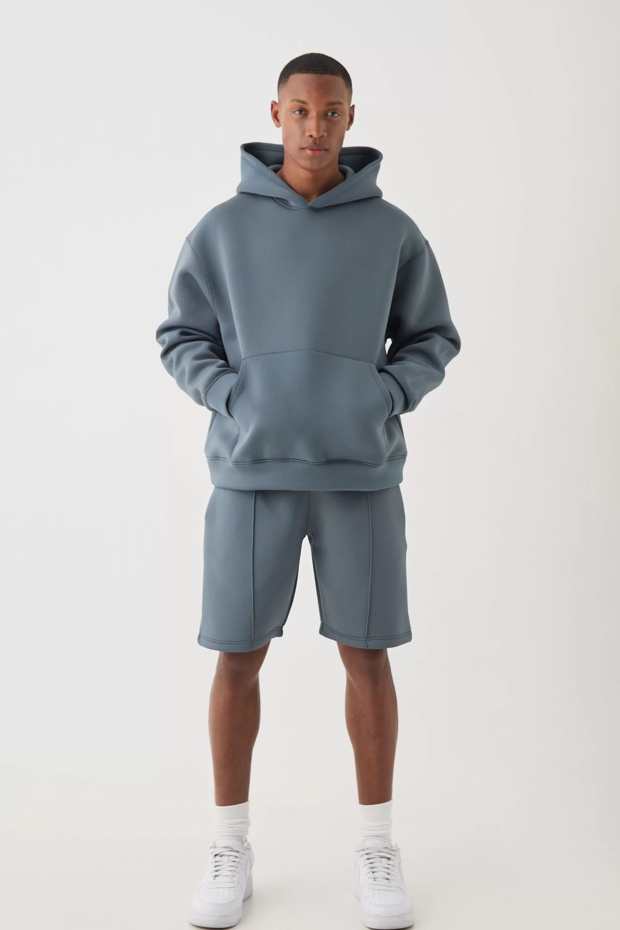 boohooMAN Oversized Boxy Bonded Scuba Hooded Short Tracksuit | UK
