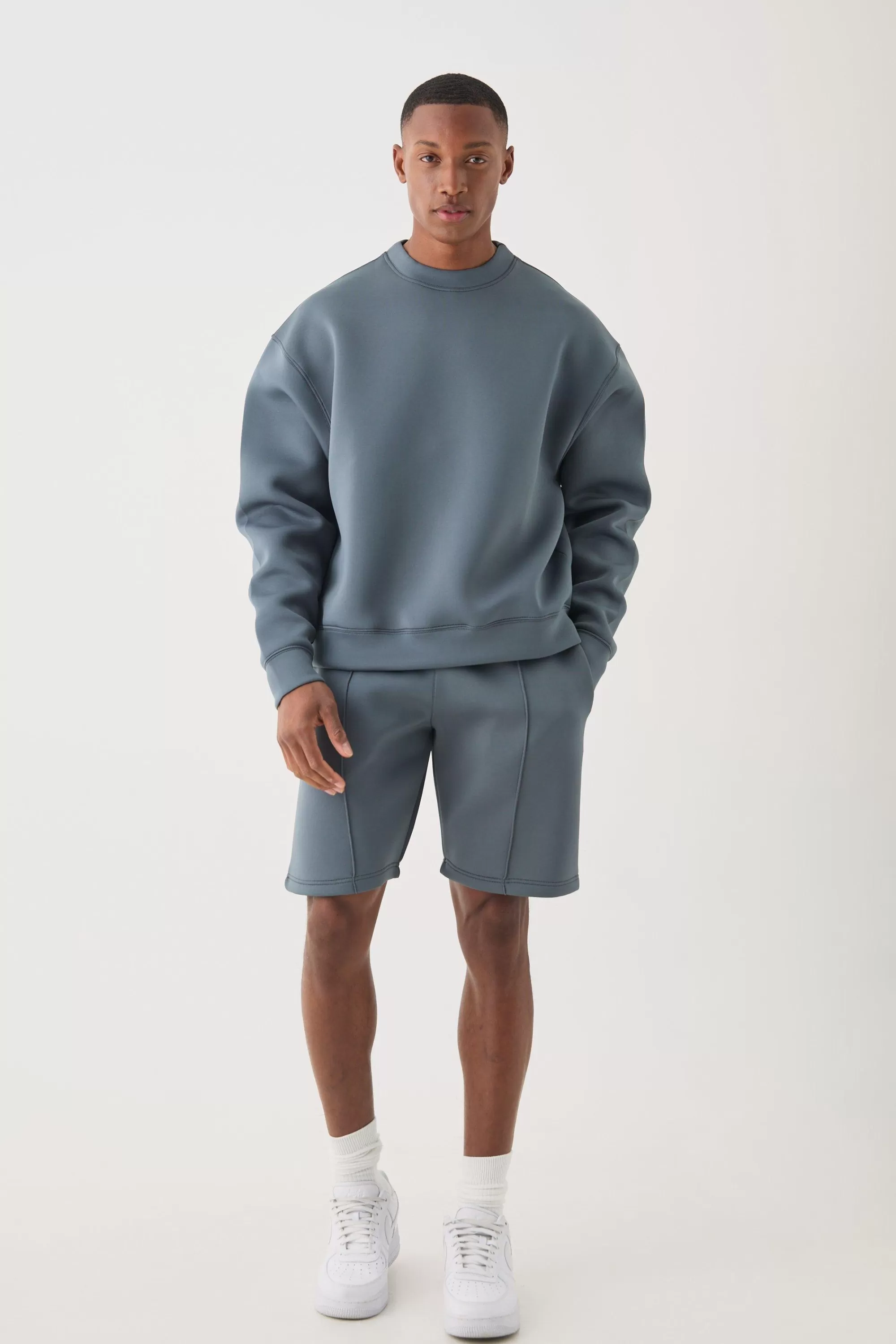 boohooMAN Oversized Boxy Bonded Scuba Sweater Short Tracksuit | UK