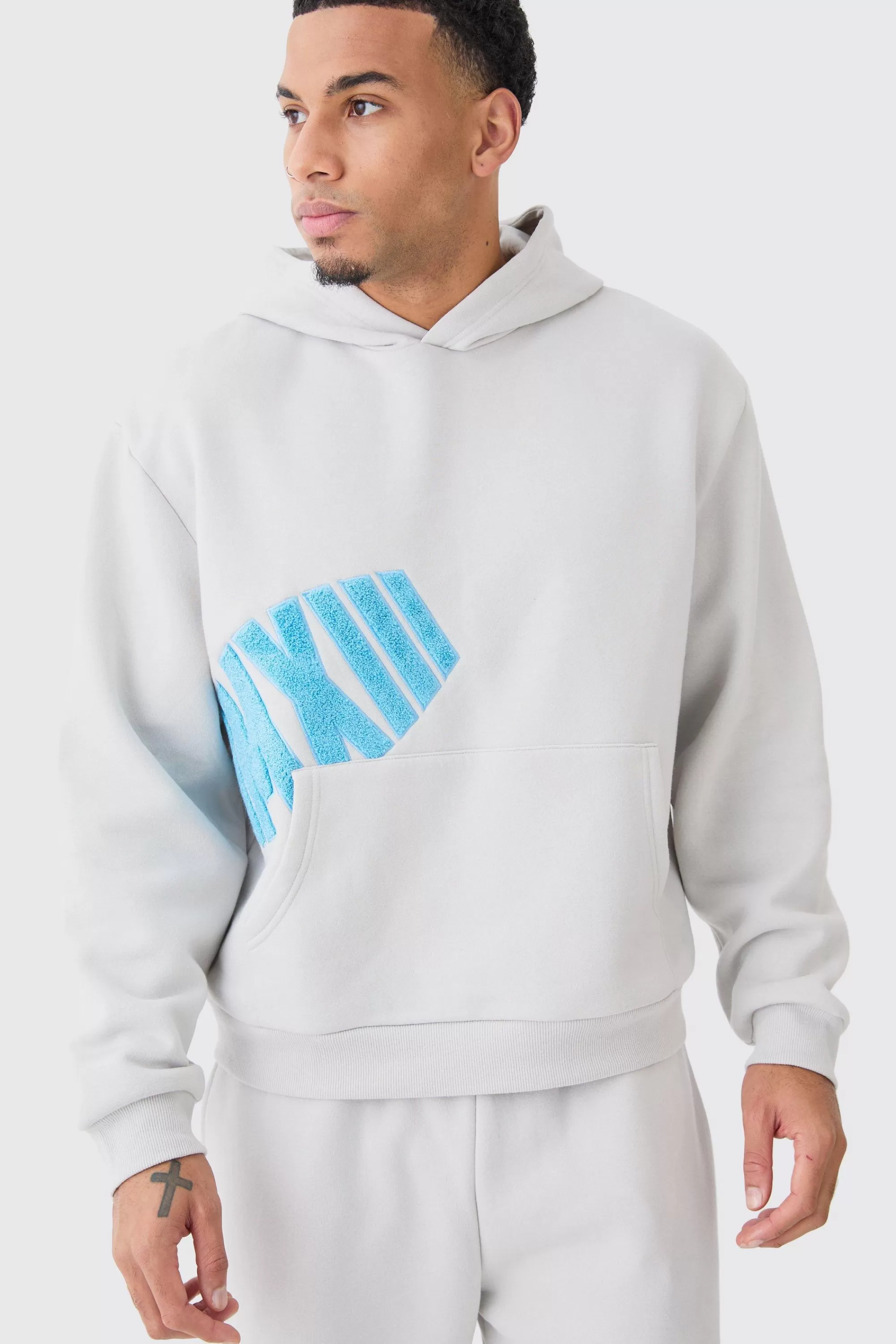 boohooMAN Oversized Boxy Borg Applique Hoodie | UK