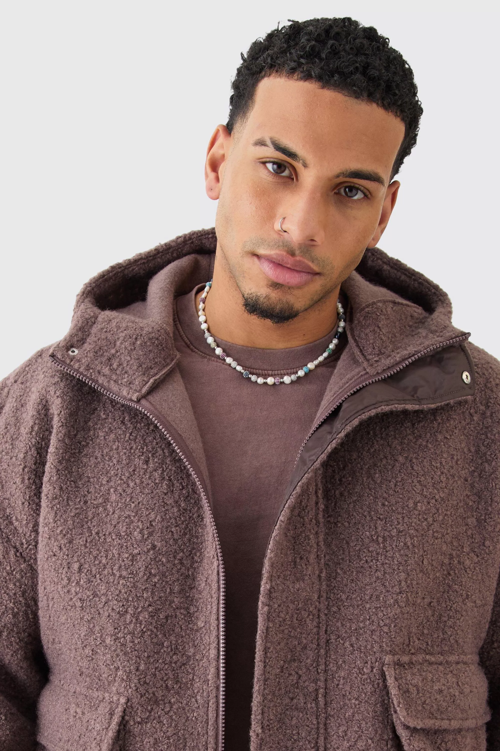 boohooMAN Oversized Boxy Boucle Borg Zip Thru Cargo Hoodie | UK