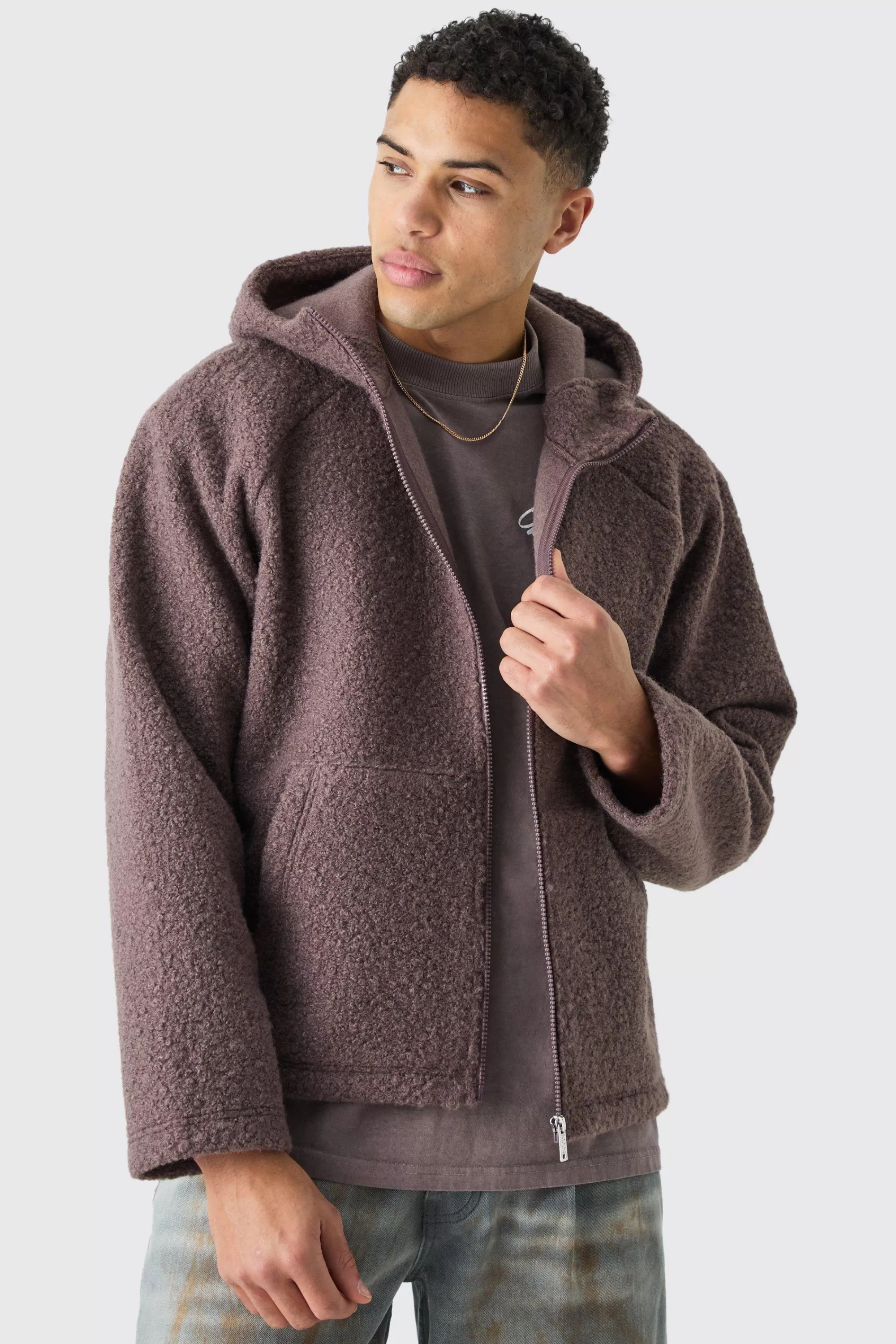 boohooMAN Oversized Boxy Boucle Borg Zip Thru Hoodie | UK
