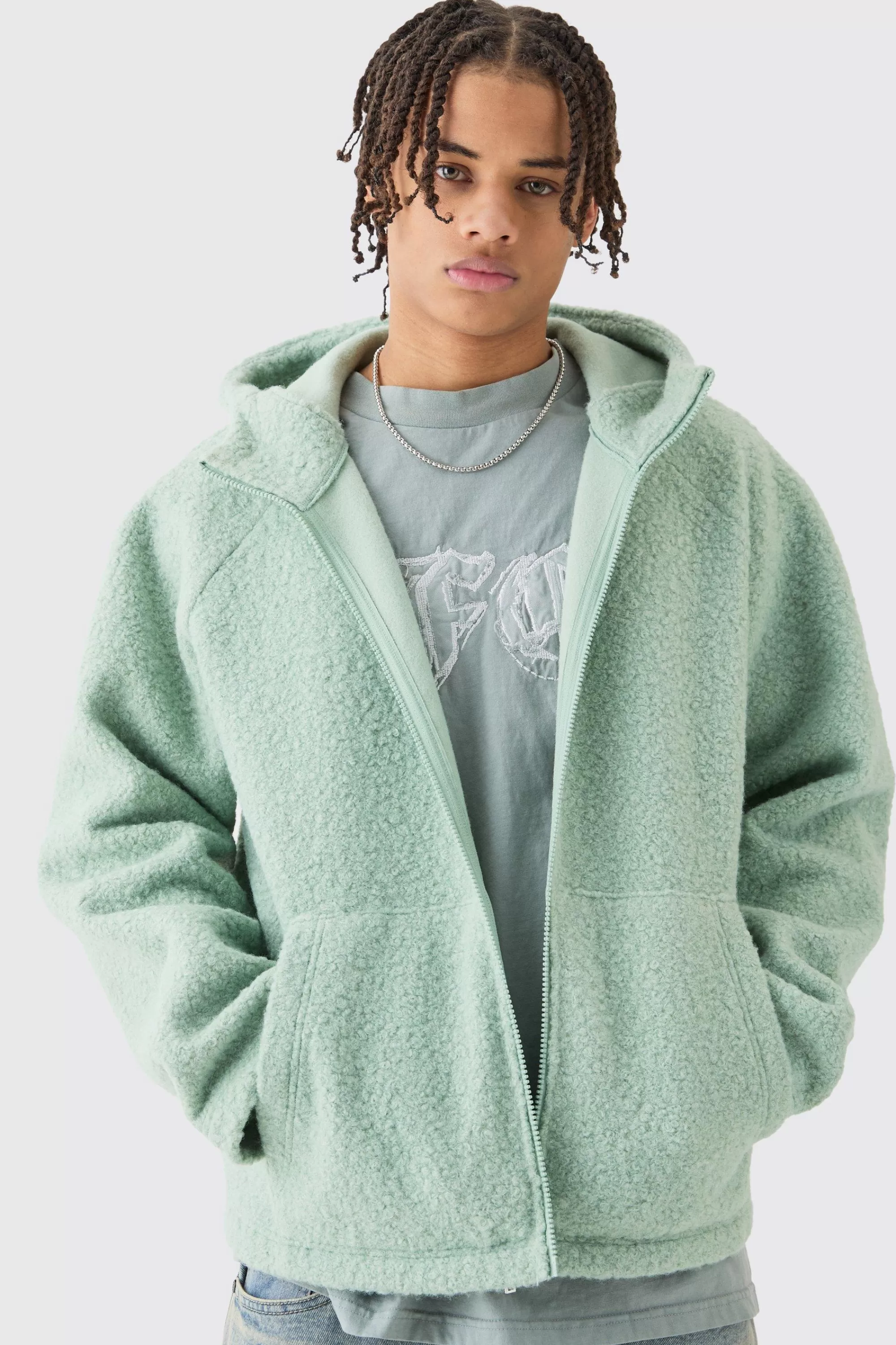 boohooMAN Oversized Boxy Boucle Borg Zip Thru Hoodie | UK