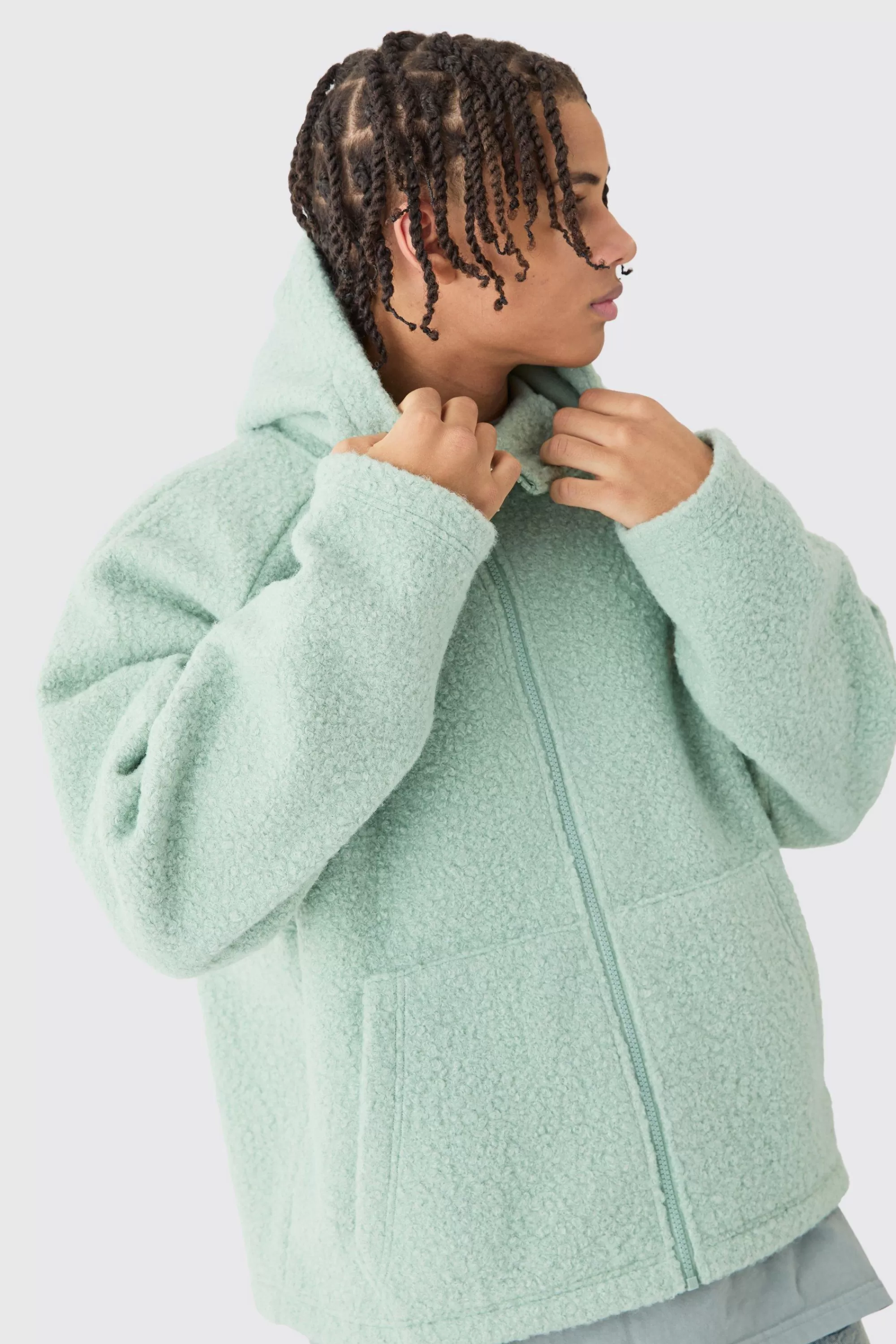boohooMAN Oversized Boxy Boucle Borg Zip Thru Hoodie | UK