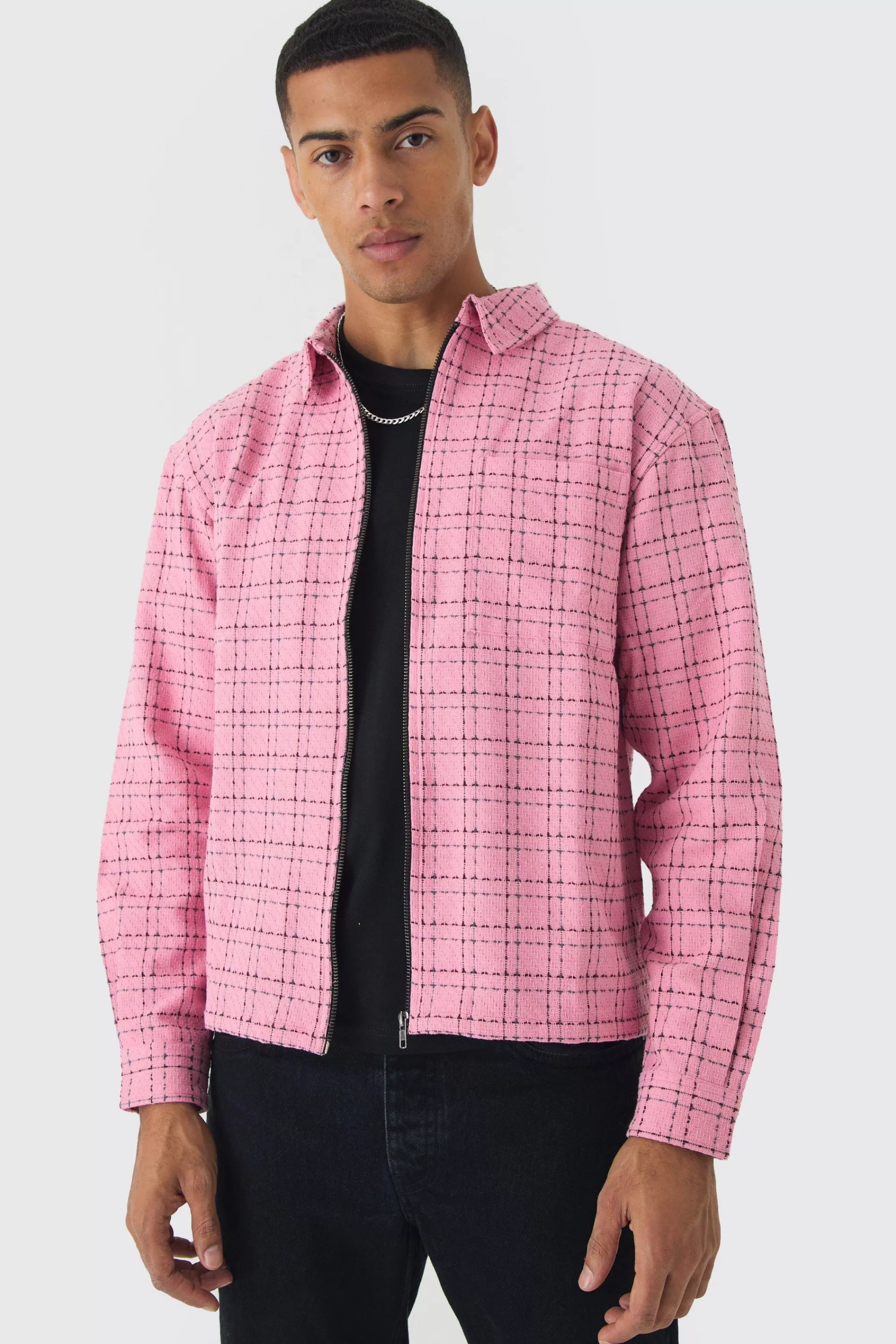boohooMAN Oversized Boxy Boucle Check Zip Overshirt | UK