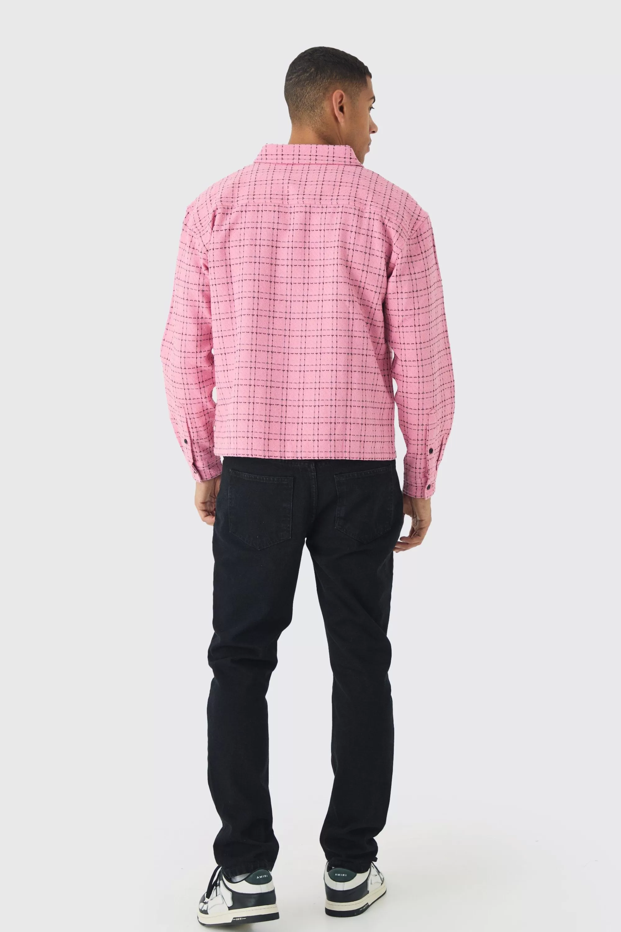 boohooMAN Oversized Boxy Boucle Check Zip Overshirt | UK