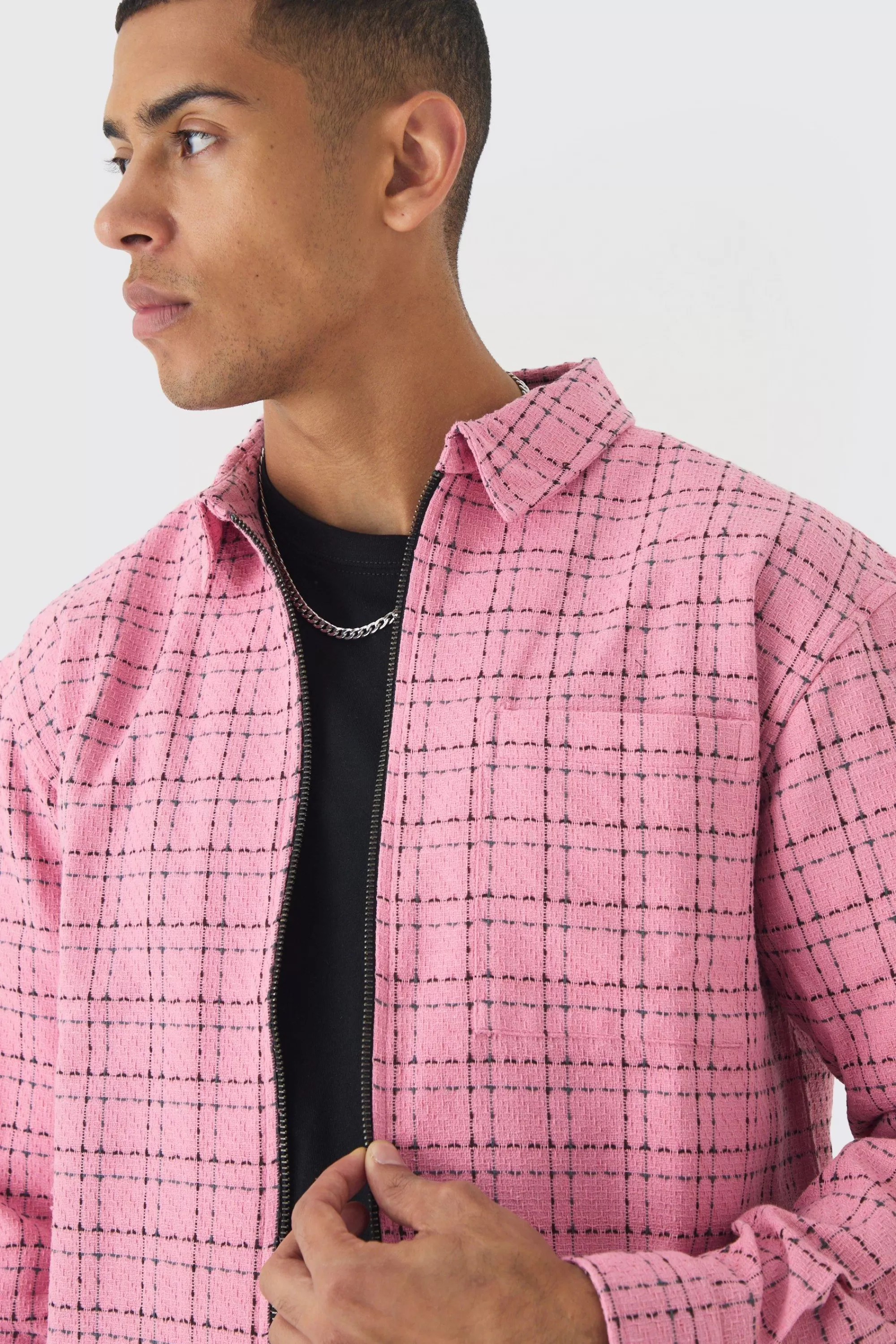 boohooMAN Oversized Boxy Boucle Check Zip Overshirt | UK