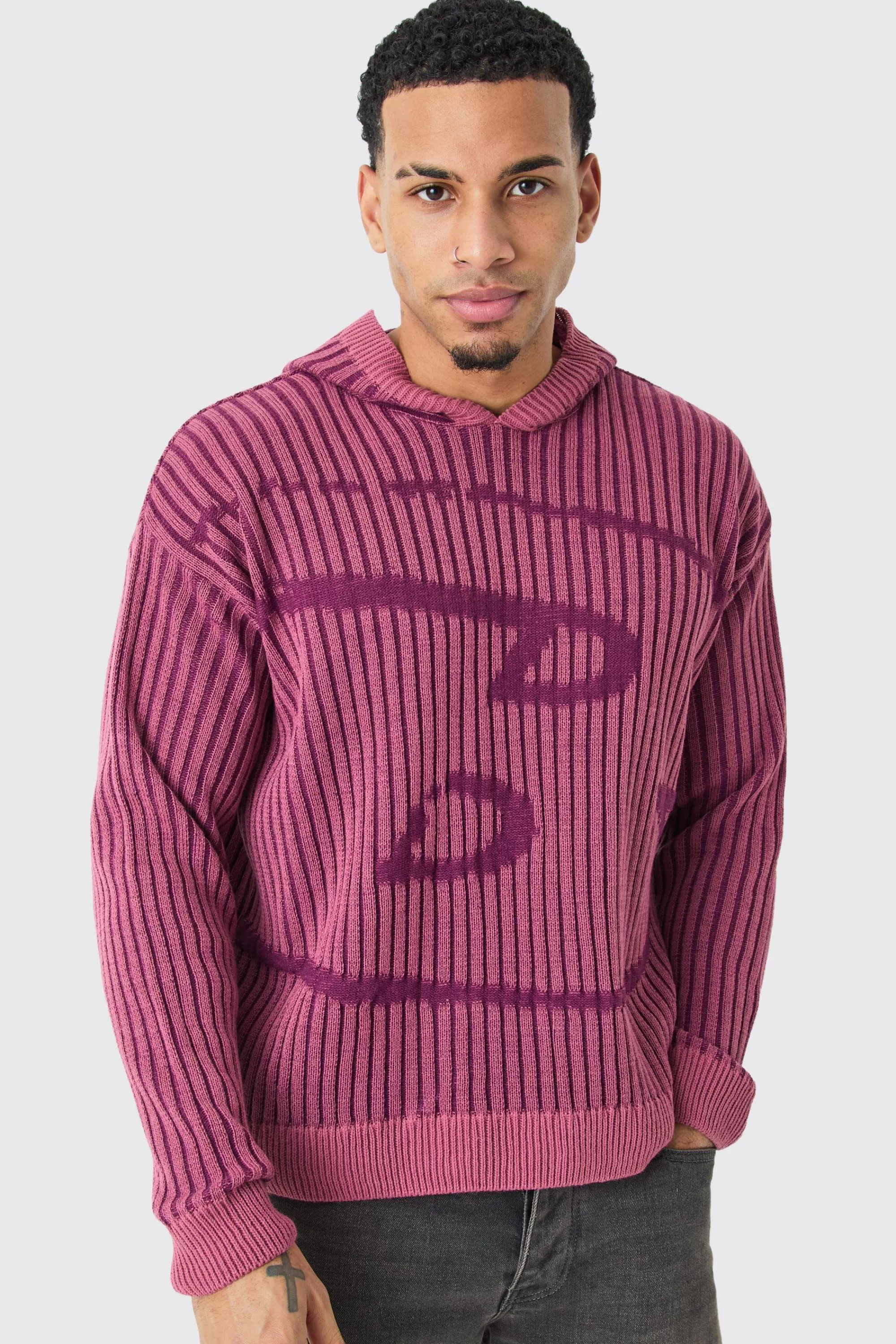 boohooMAN Oversized Boxy Branded Knitted Hoodie | UK
