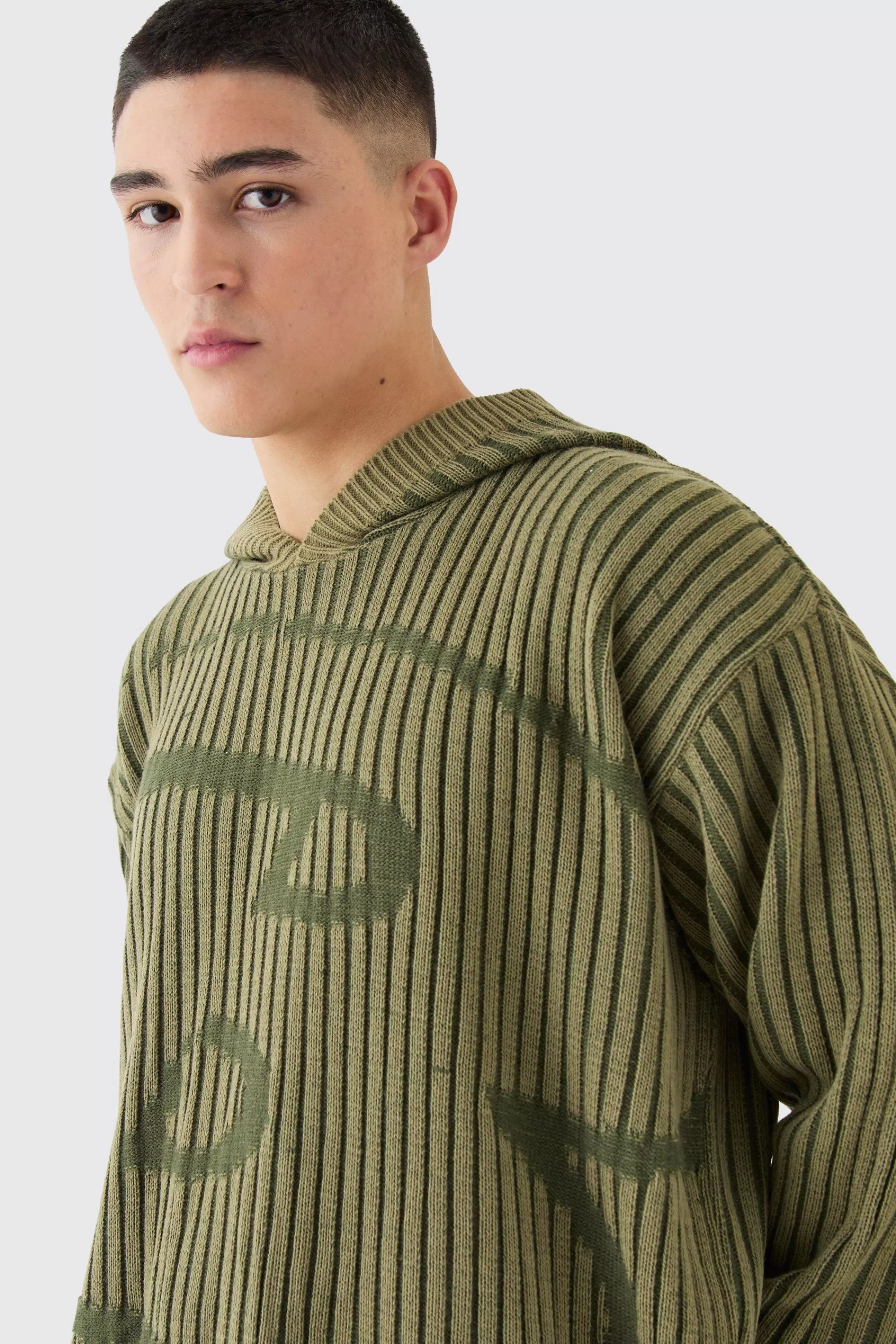 boohooMAN Oversized Boxy Branded Knitted Hoodie | UK