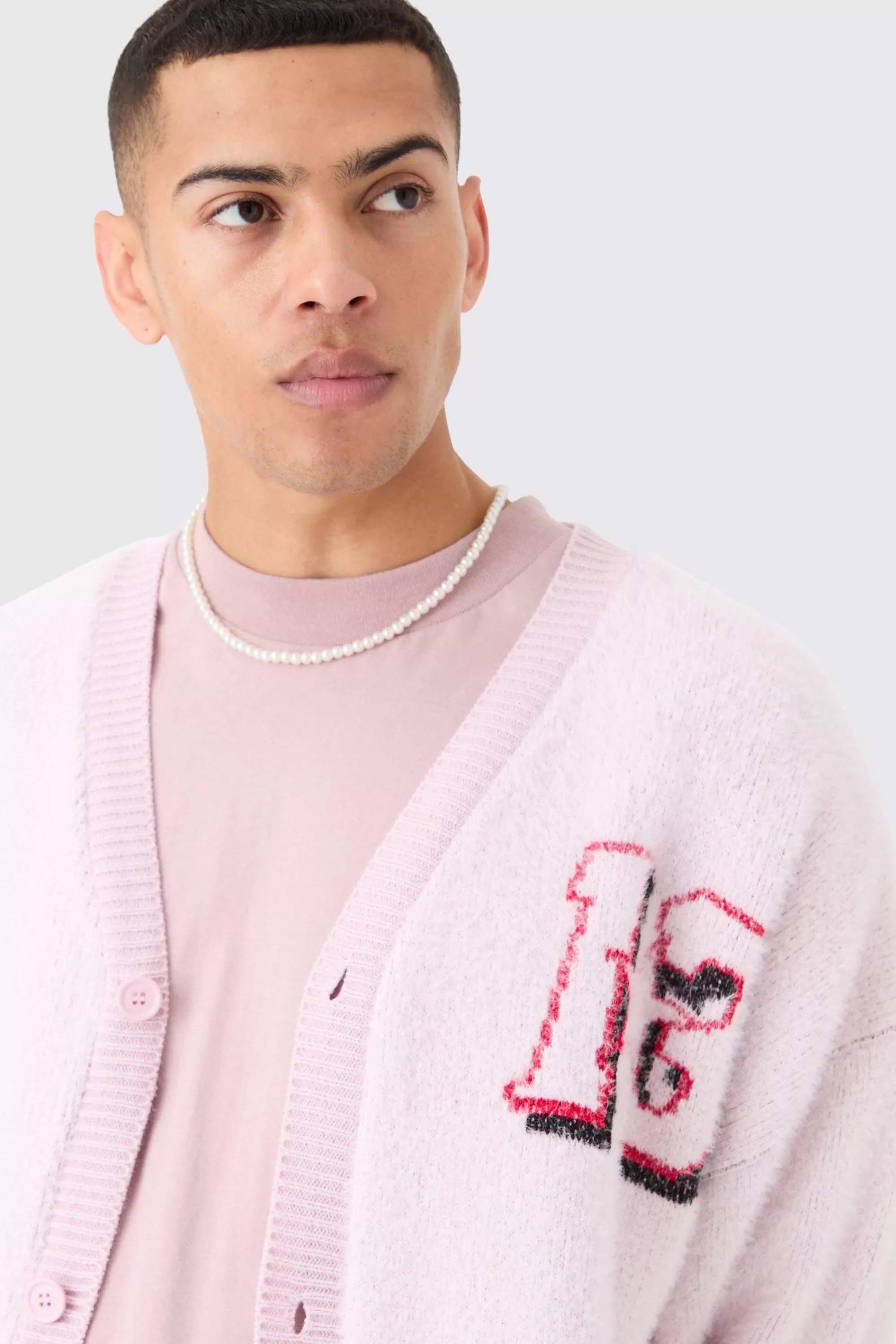 boohooMAN Oversized Boxy Brushed Varsity Knit Cardigan | UK