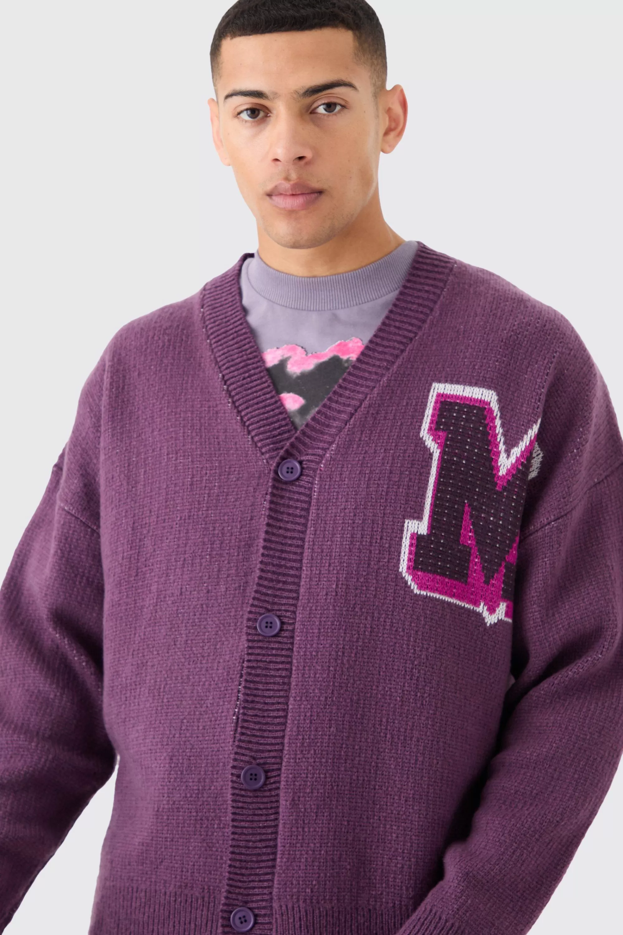 boohooMAN Oversized Boxy Brushed Varsity Knit Cardigan | UK