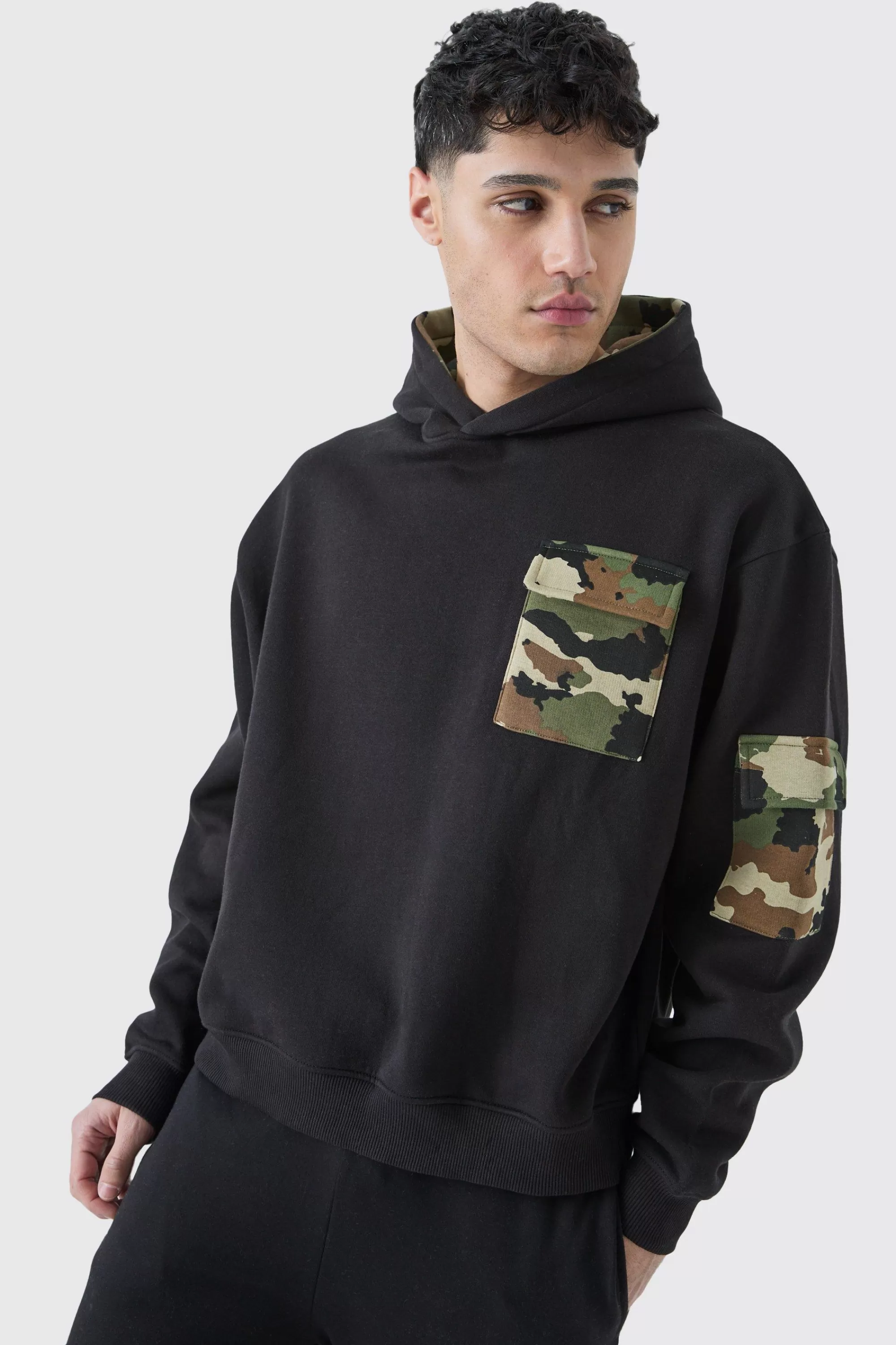 boohooMAN Oversized Boxy Camo Pocket Hoodie | UK