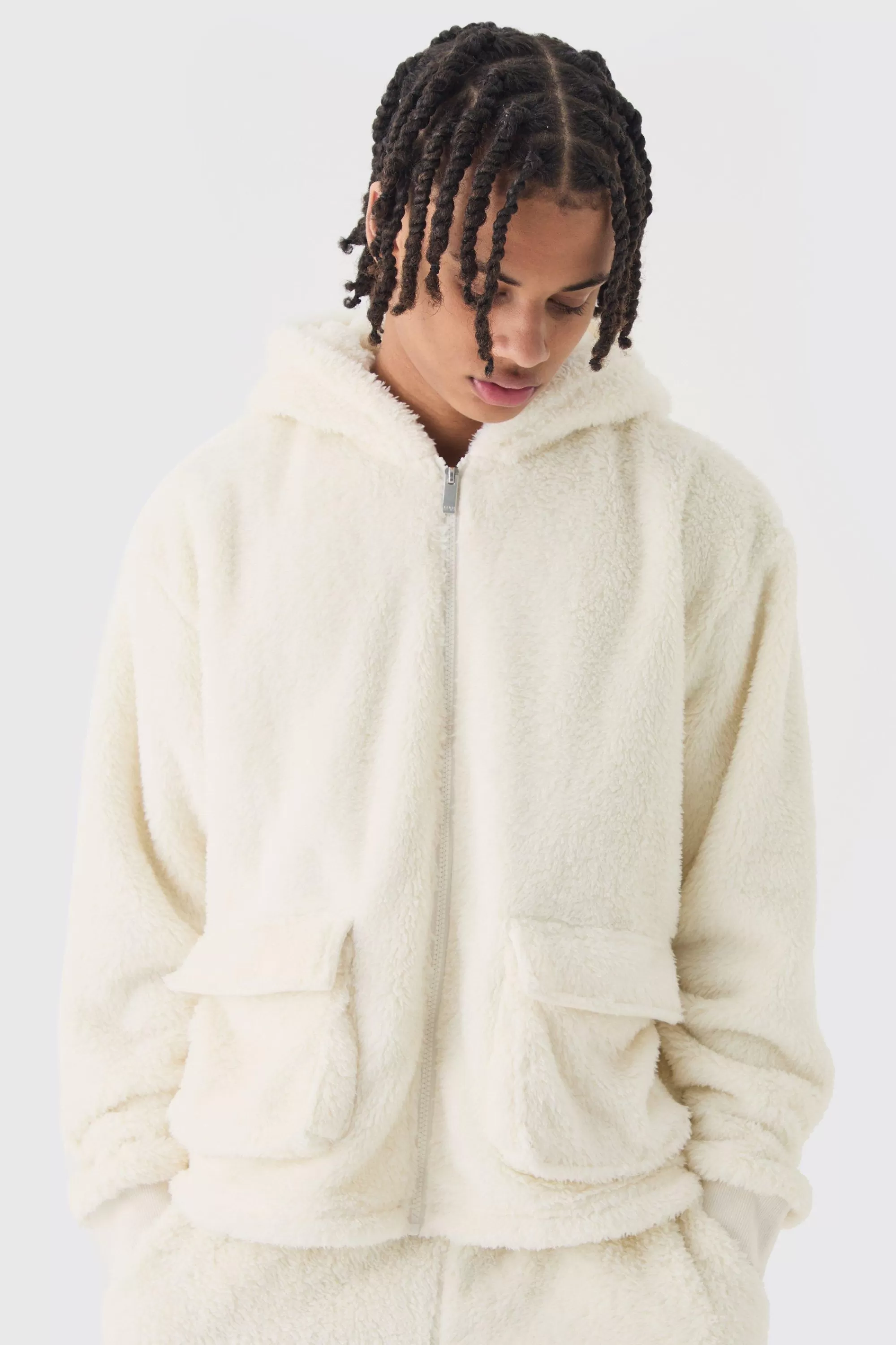 boohooMAN Oversized Boxy Cargo Pocket Zip Through Teddy Borg Hoodie | UK