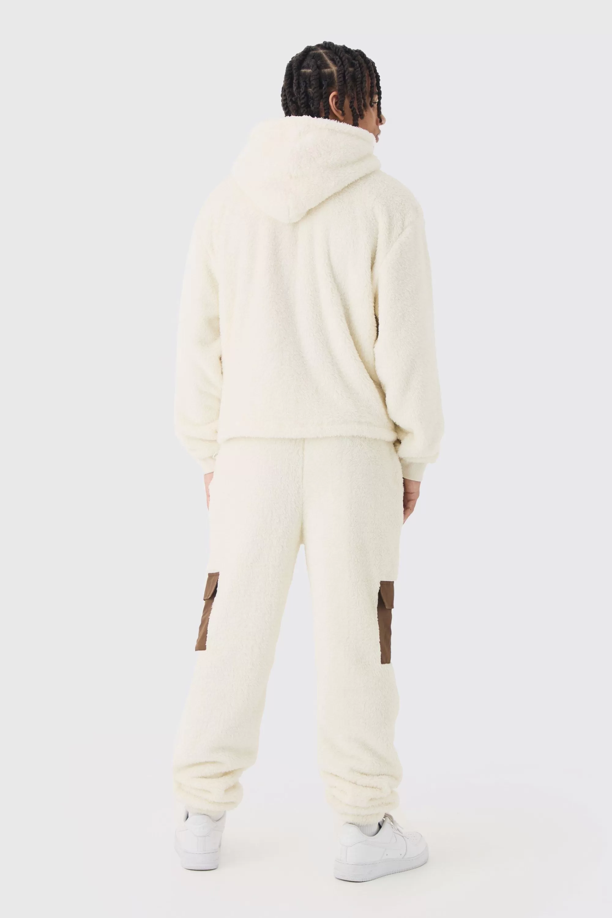 boohooMAN Oversized Boxy Cargo Pocket Zip Through Teddy Borg Hoodie | UK