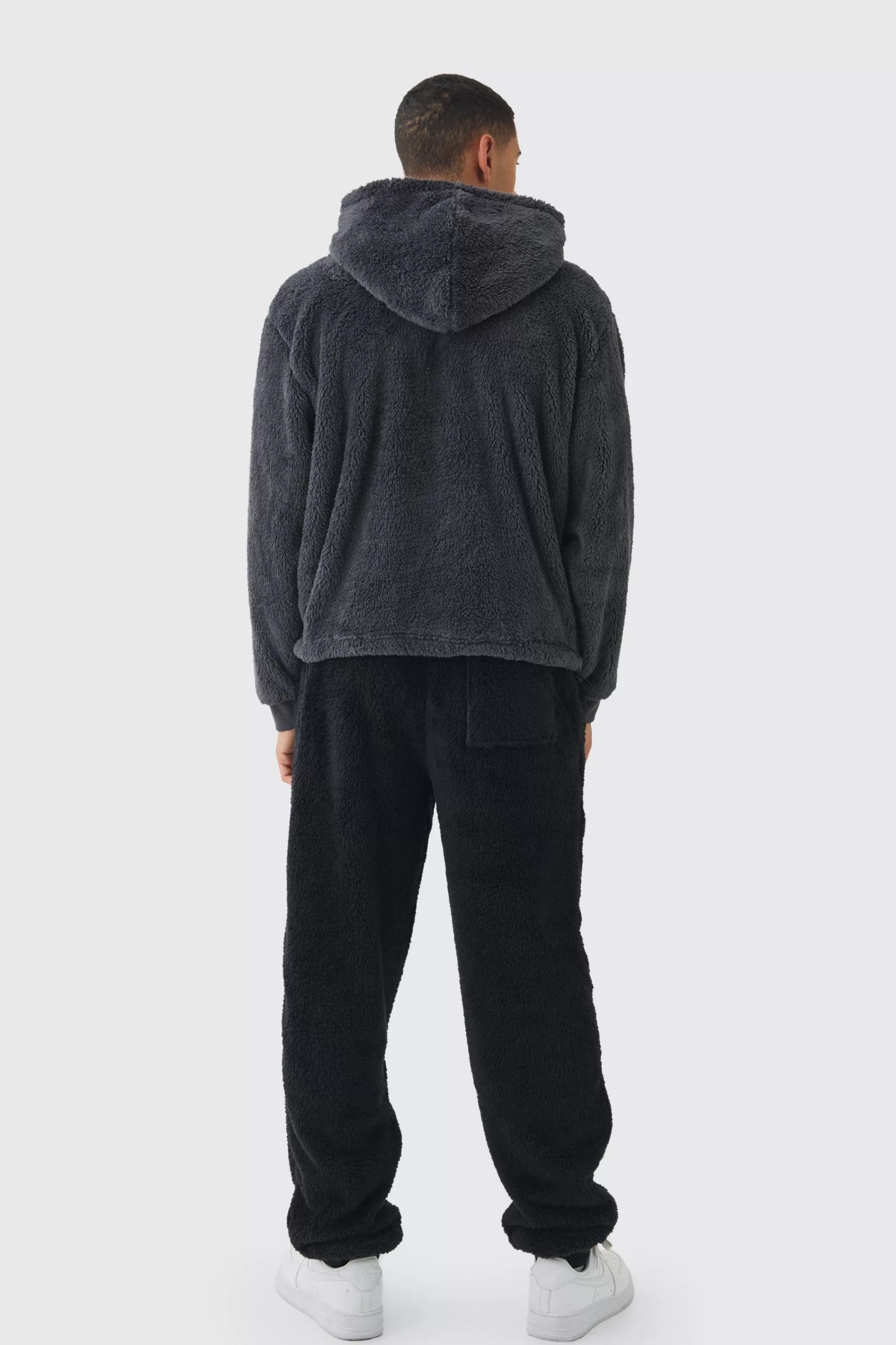 boohooMAN Oversized Boxy Cargo Pocket Zip Through Teddy Borg Hoodie | UK