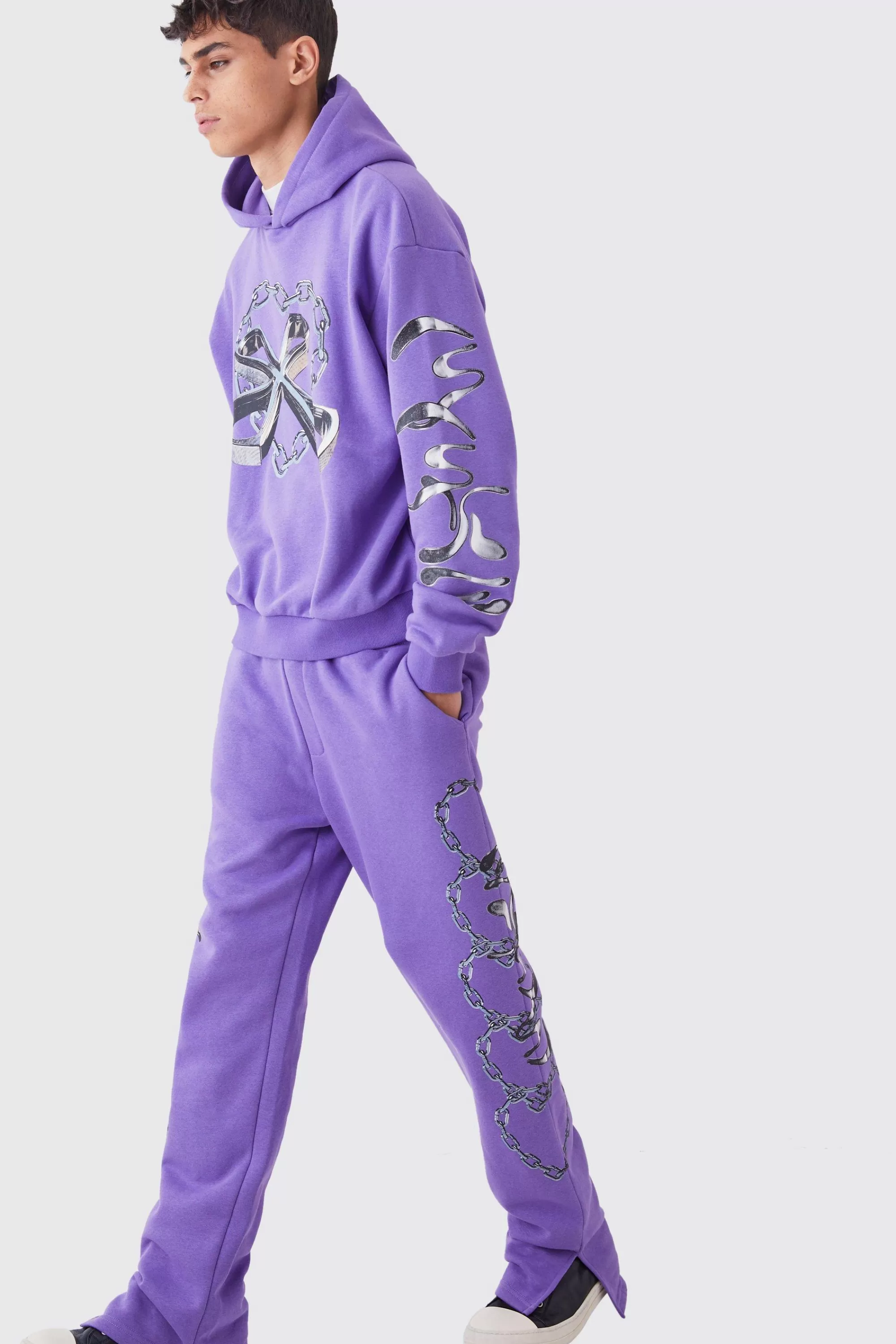 boohooMAN Oversized Boxy Chain Graphic Hooded Tracksuit | UK