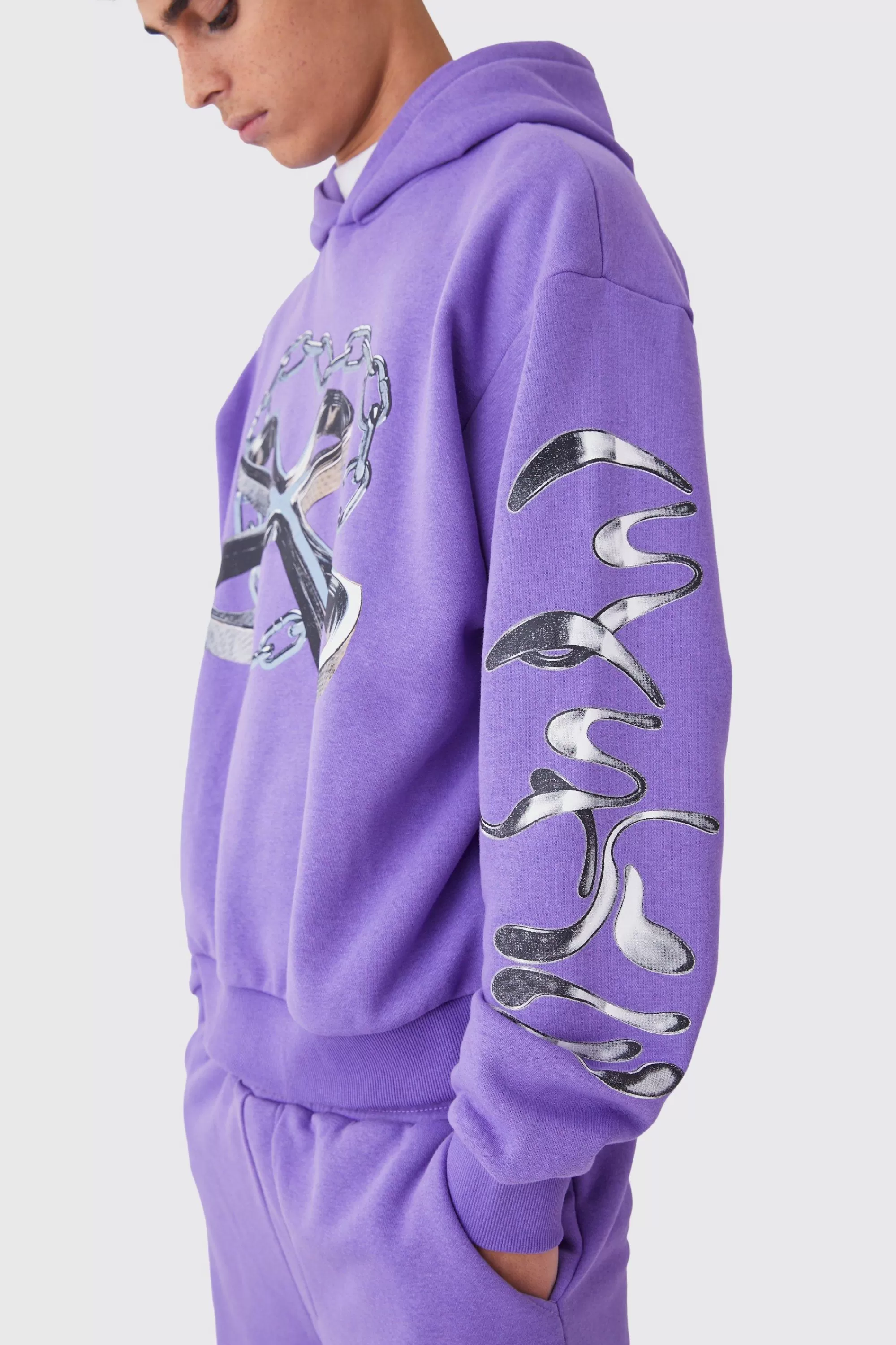 boohooMAN Oversized Boxy Chain Graphic Hooded Tracksuit | UK