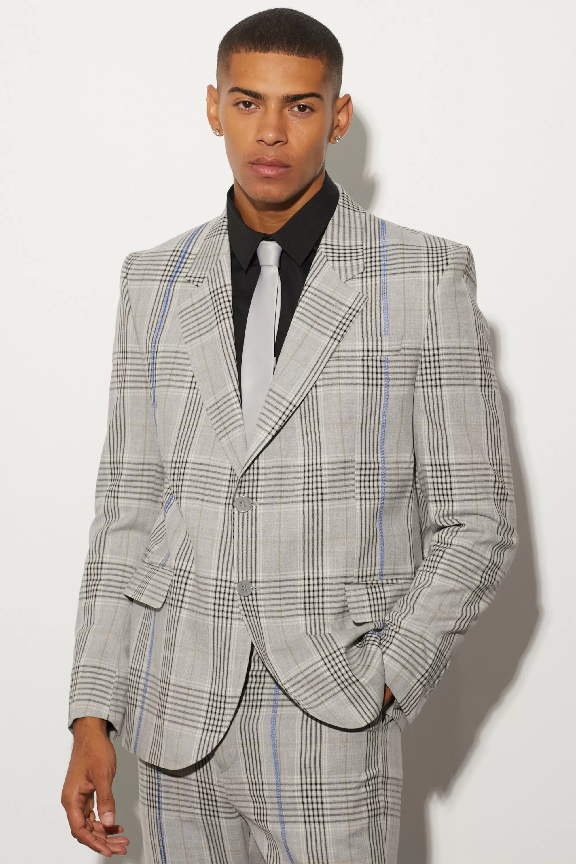 boohooMAN Oversized Boxy Check Contrast Stitch Suit | UK