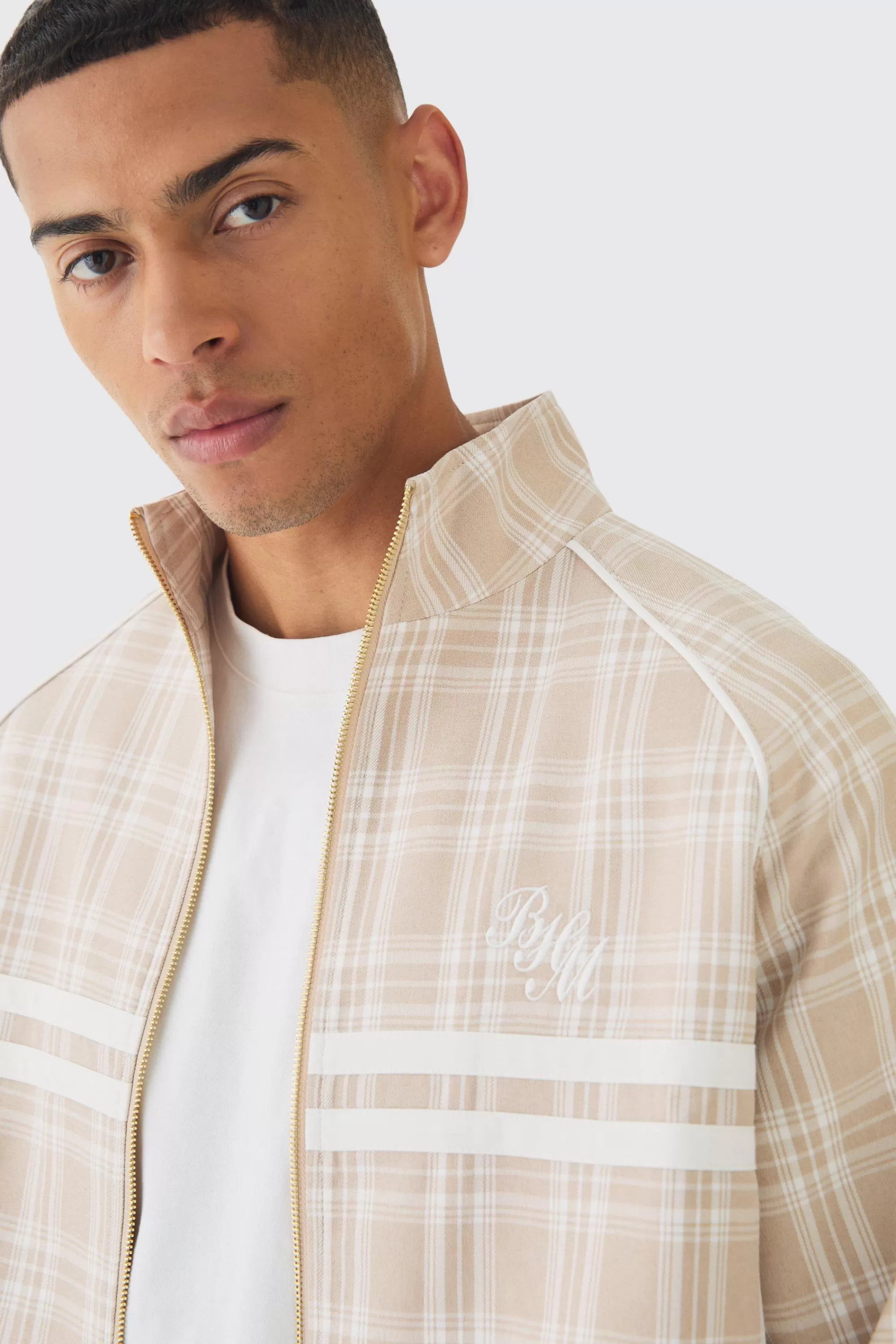 boohooMAN Oversized Boxy Checked Funnel Neck Tracktop | UK