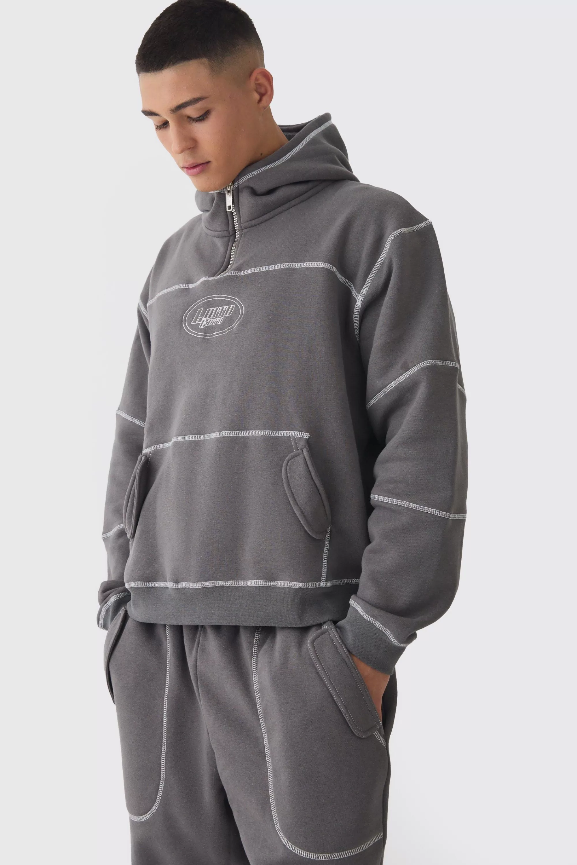 boohooMAN Oversized Boxy Contrast Stitch Embroidered Hoodie | UK