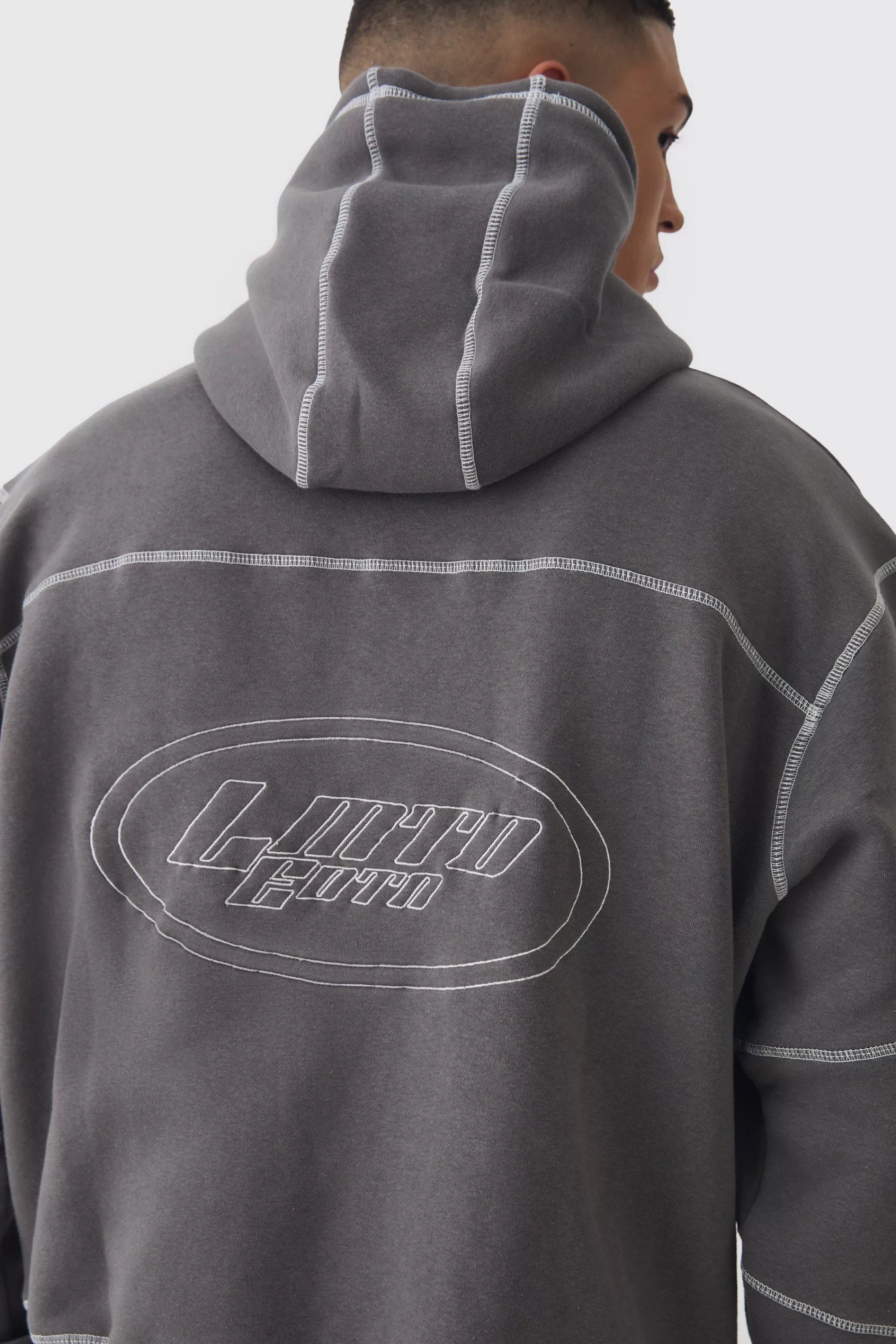 boohooMAN Oversized Boxy Contrast Stitch Embroidered Hoodie | UK