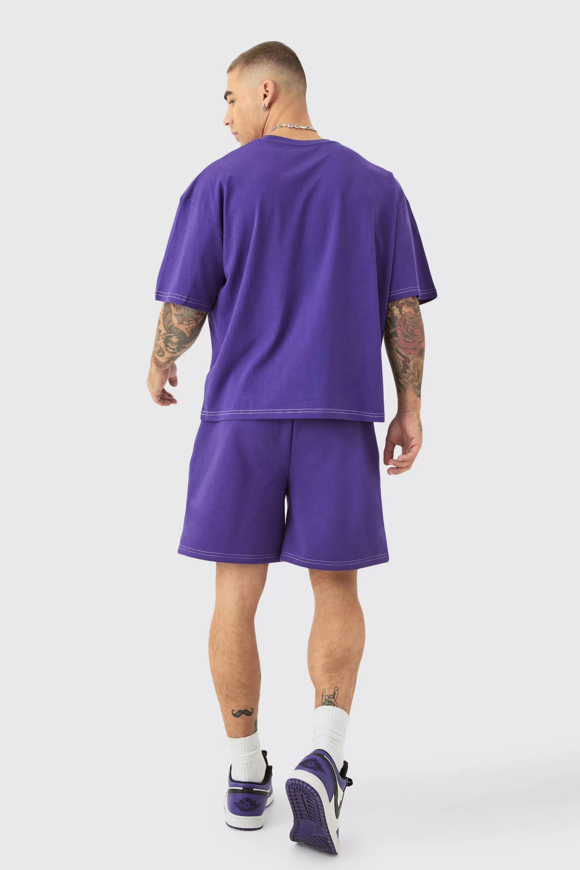 boohooMAN Oversized Boxy Contrast Stitch Puff Print T-shirt & Short Set | UK