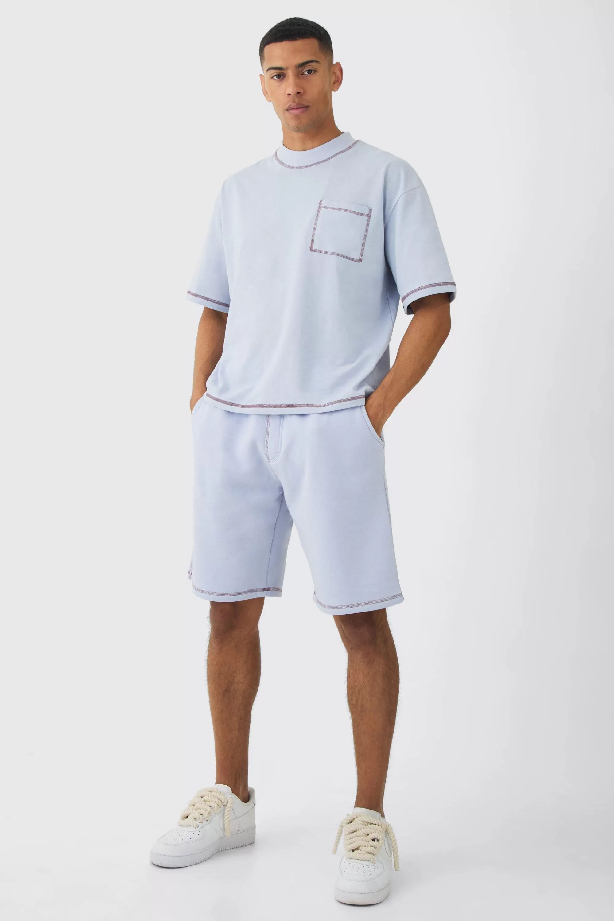 boohooMAN Oversized Boxy Contrast Stitch T-shirt & Shorts Set | UK