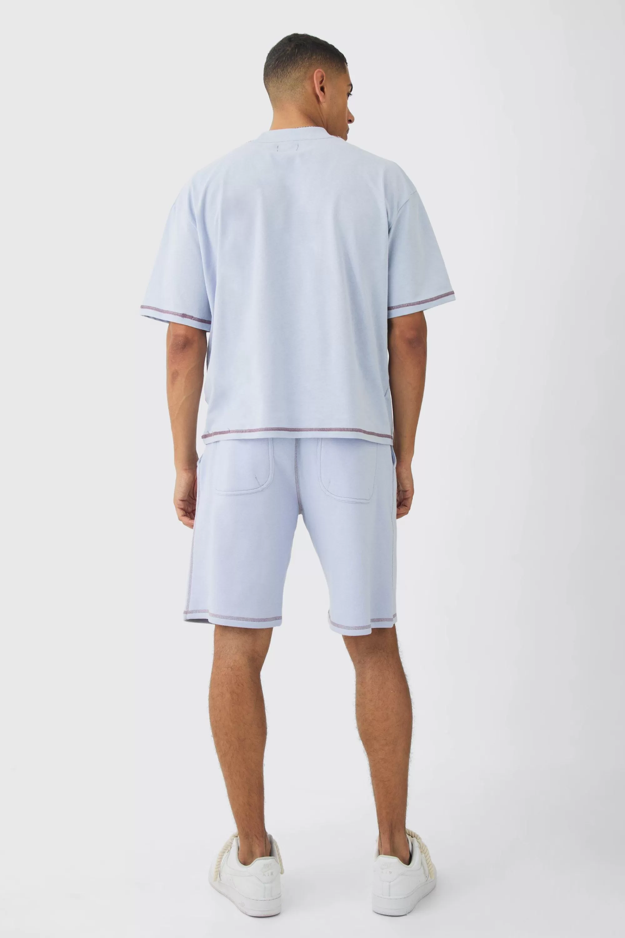 boohooMAN Oversized Boxy Contrast Stitch T-shirt & Shorts Set | UK